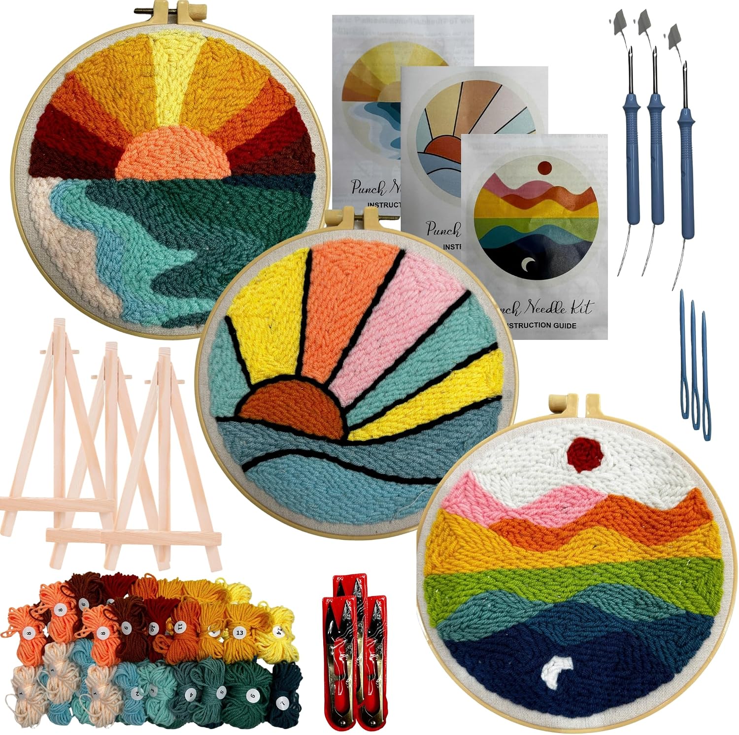 CELCRAFTIQUE 3 Sets Punch Needle Kits for Adults Beginner, Tool with Punch Needle Fabric, Hoops, Yarns and Sewing Needles (Design 2a)