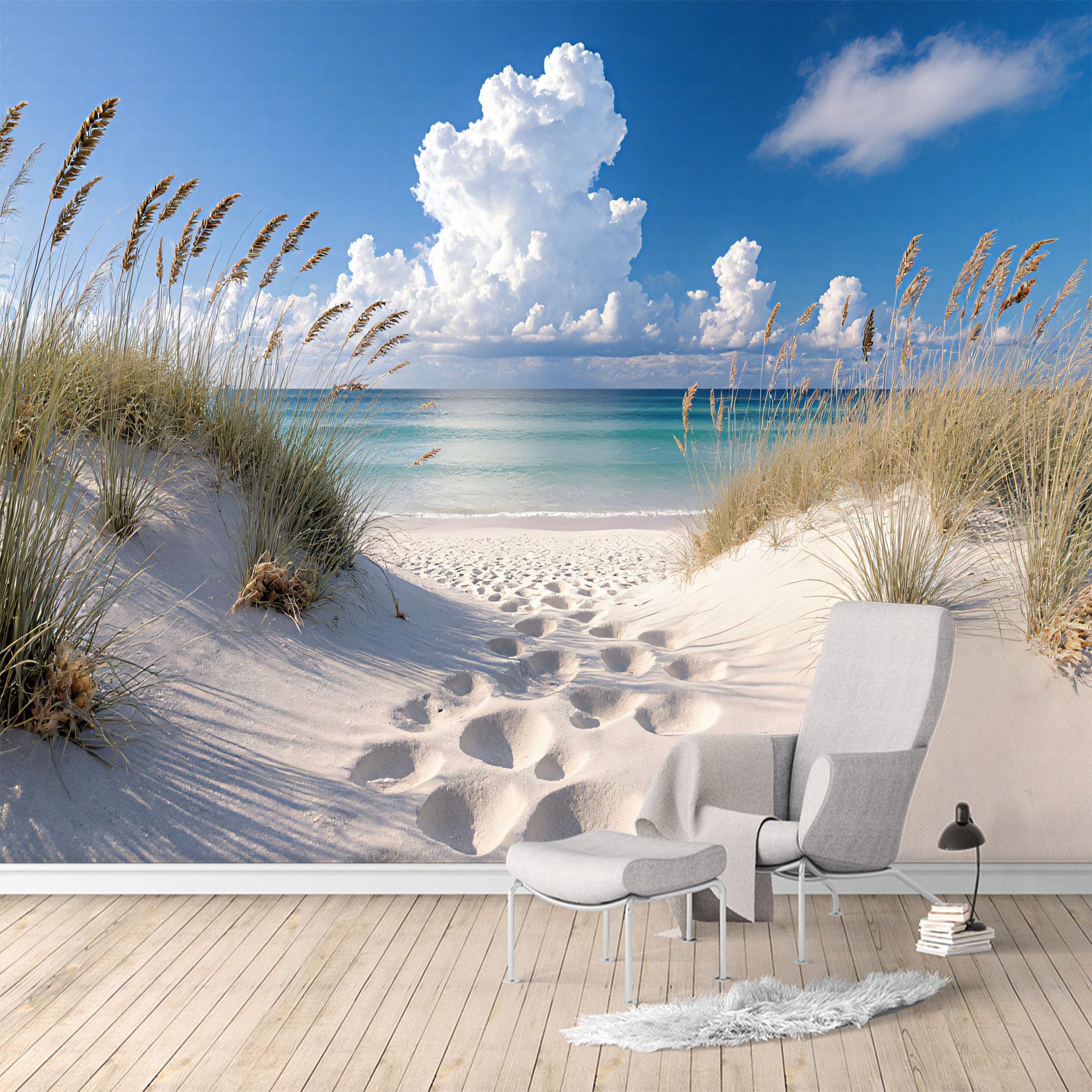 Custom Size Wall Murals, Coastal Sand Dunes Ocean Waves Blue Sky Beach Scenery, Removable Self Adhesive Large Wallpaper Mural for Living Room Bedroom Office Home Decor