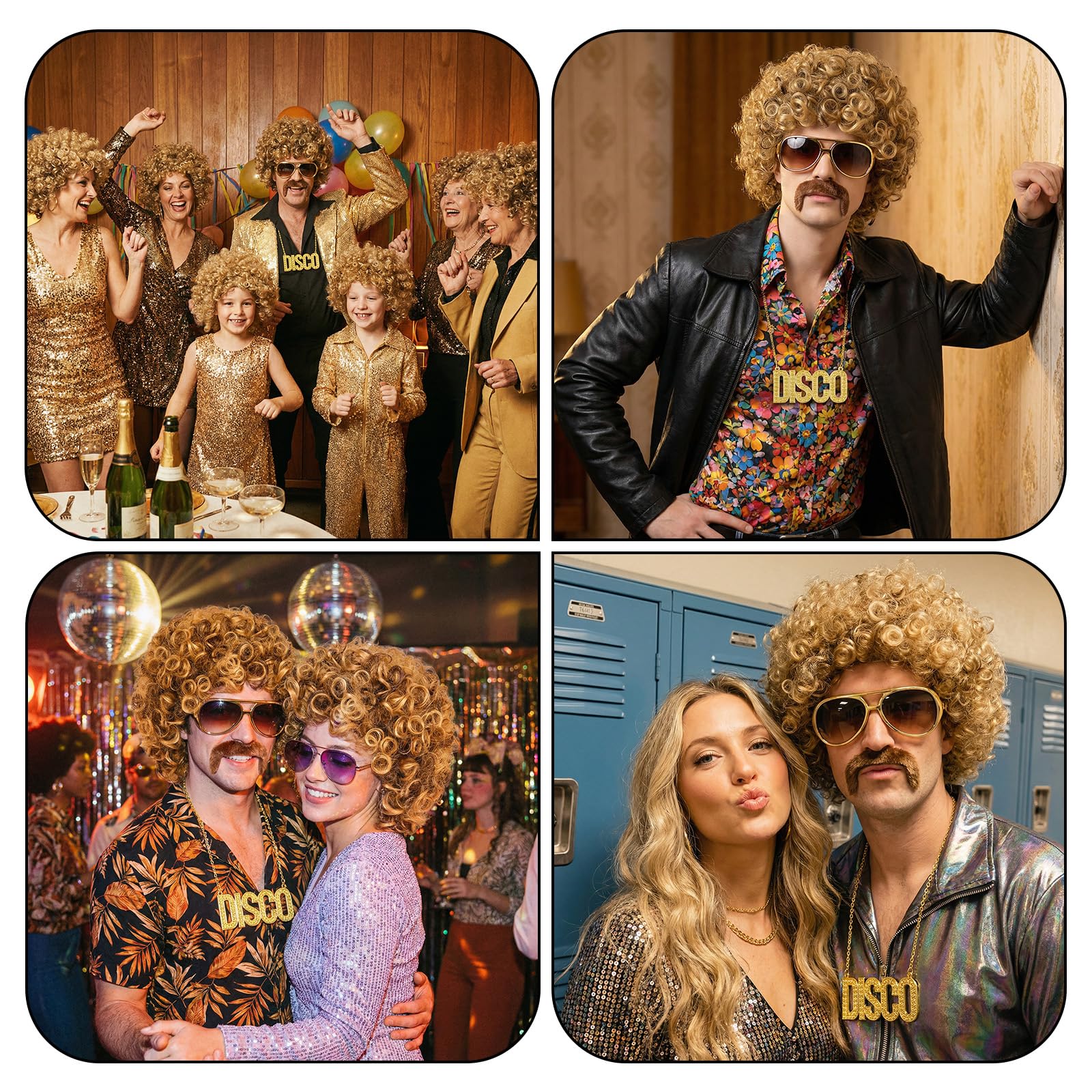 5-częściowy zestaw męskich peruk z łańcuszkiem, brodą i okularami w stylu lat 70-tych i 80. Disco Dude Dirt Bag, peruka hipisowska, kostium w stylu hipisowskim, akcesoria na karnawał, cosplay i