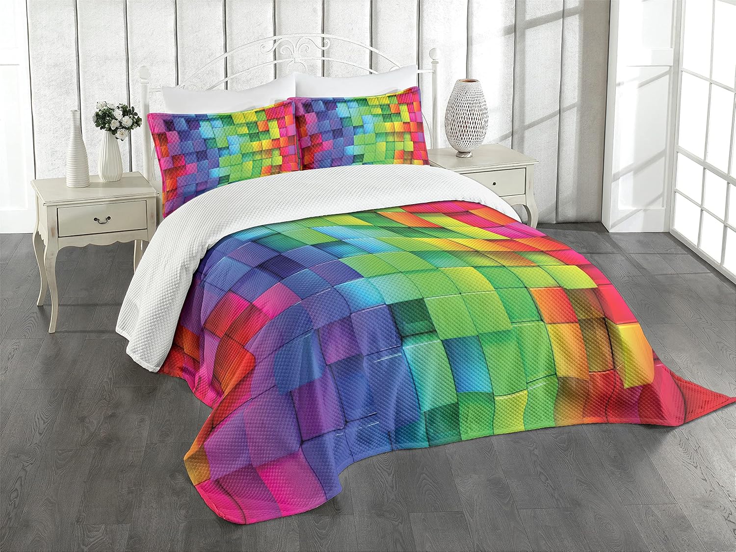 Ambesonne Colorful Bedspread, Rainbow Colored Contour Display Futuristic Block Brick-Like Geometric Artisan, Decorative Quilted 3 Piece Coverlet Set with 2 Pillow Shams, Queen Size, Rainbow Colors Queen Size Rainbow Colors
