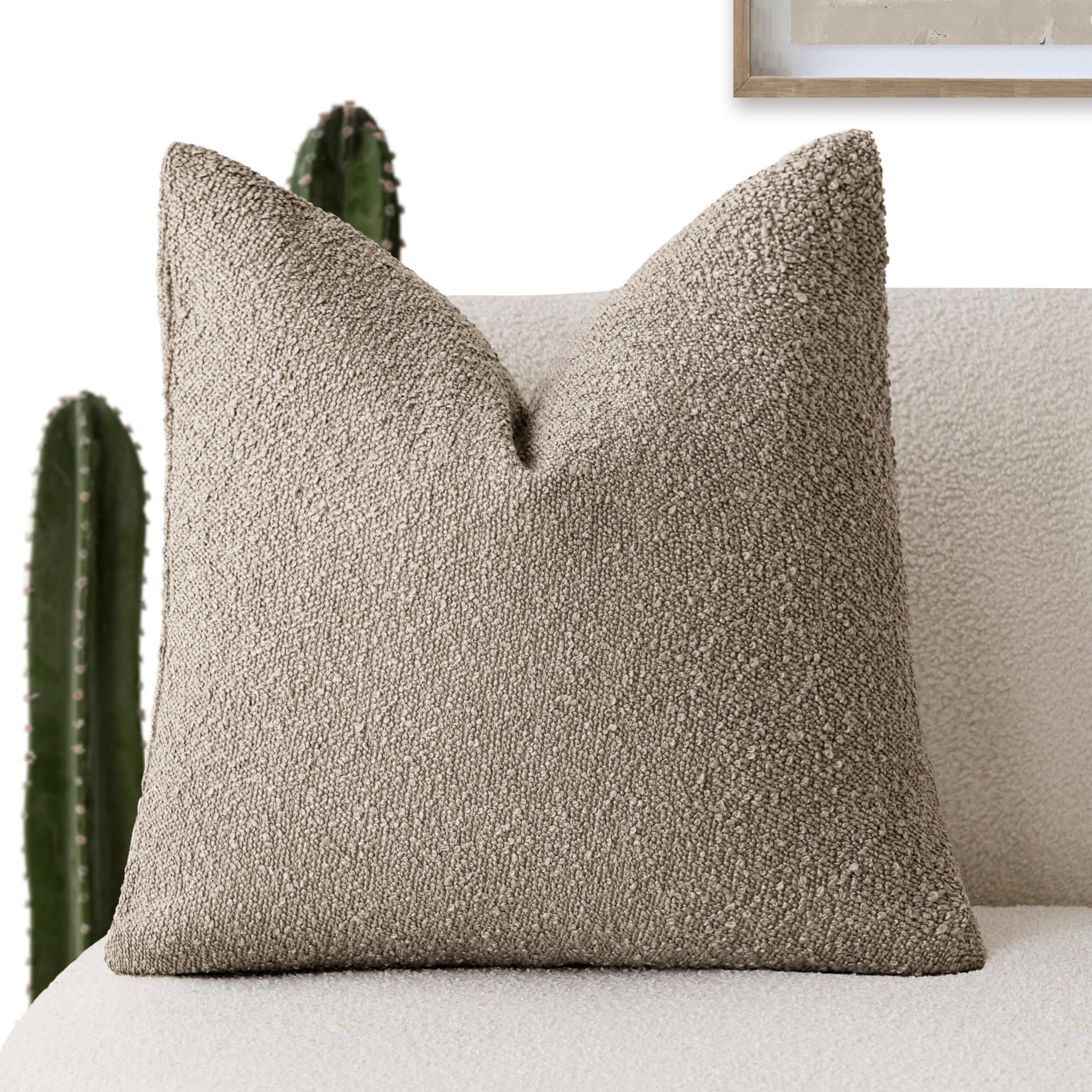 Foindtower Decorative Textured Boucle Throw Pillow Covers Accent Solid Pillow Cases Neutral Soft Cozy Couch Cushion Case for Chair Sofa Bedroom Living Room Home Decor 16x16 Inch,1PC,Light Khaki Tan — image 1