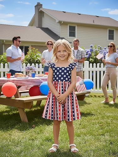 Miniatura 3 de Popshion Vestidos de niña con mangas con vuelo, vestido de verano para niños, fiesta de cumpleaños, sin mangas, vestido de 1 a 8 años