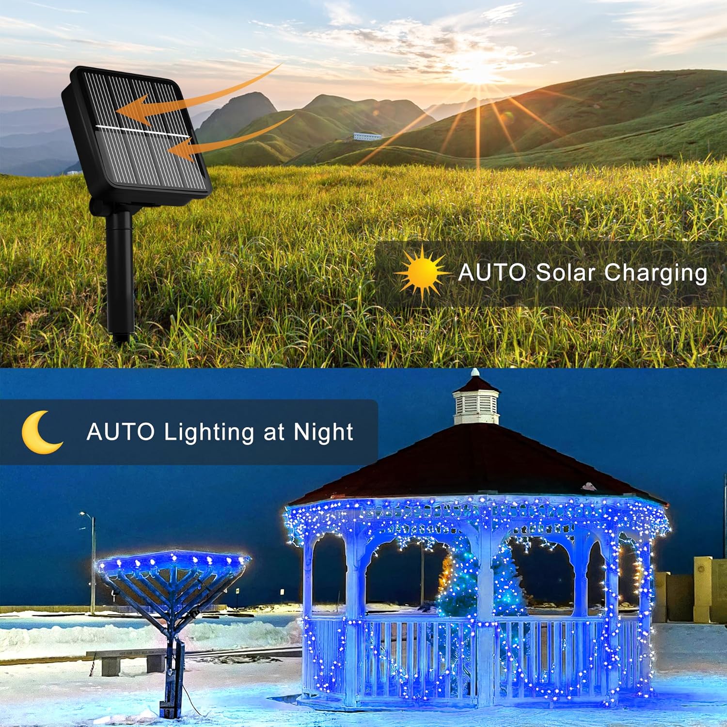 Solar String Lights for Outside, 39Ft 100 LED Solar String Lights Outdoor with 8 Modes，Solar Lights for Outside Waterproof for Yard, Fence,Balcony, Party,Christmas Tree Decorations (Blue) - Image 4