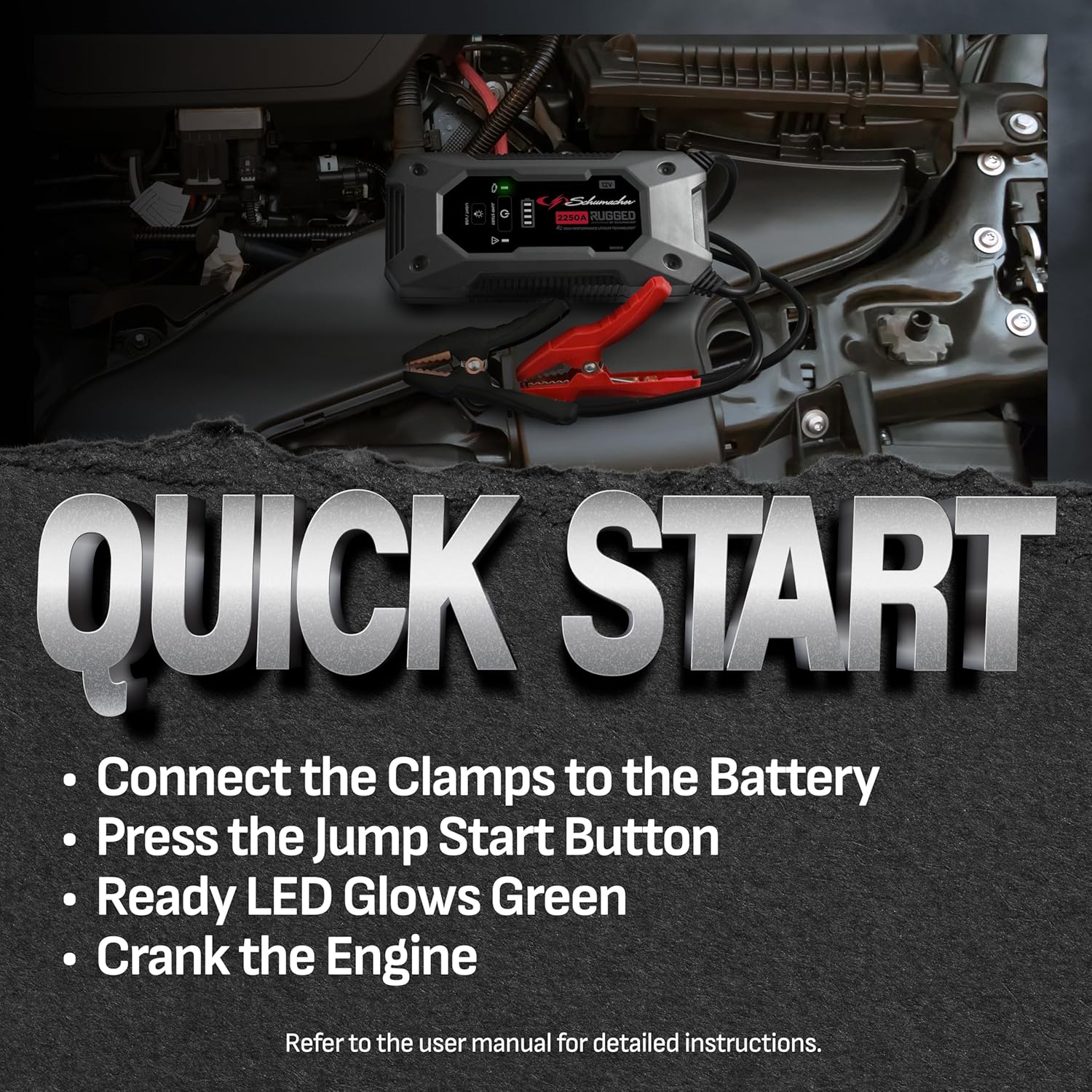 Schumacher Electric 2250A Rugged Lithium Car Battery Jump Starter and Portable Power Pack/Jump Box, 3-in-1 Solution, 2.4A USB Charging, for 12V Power Sport, Automotive, and Marine Batteries, SL1654