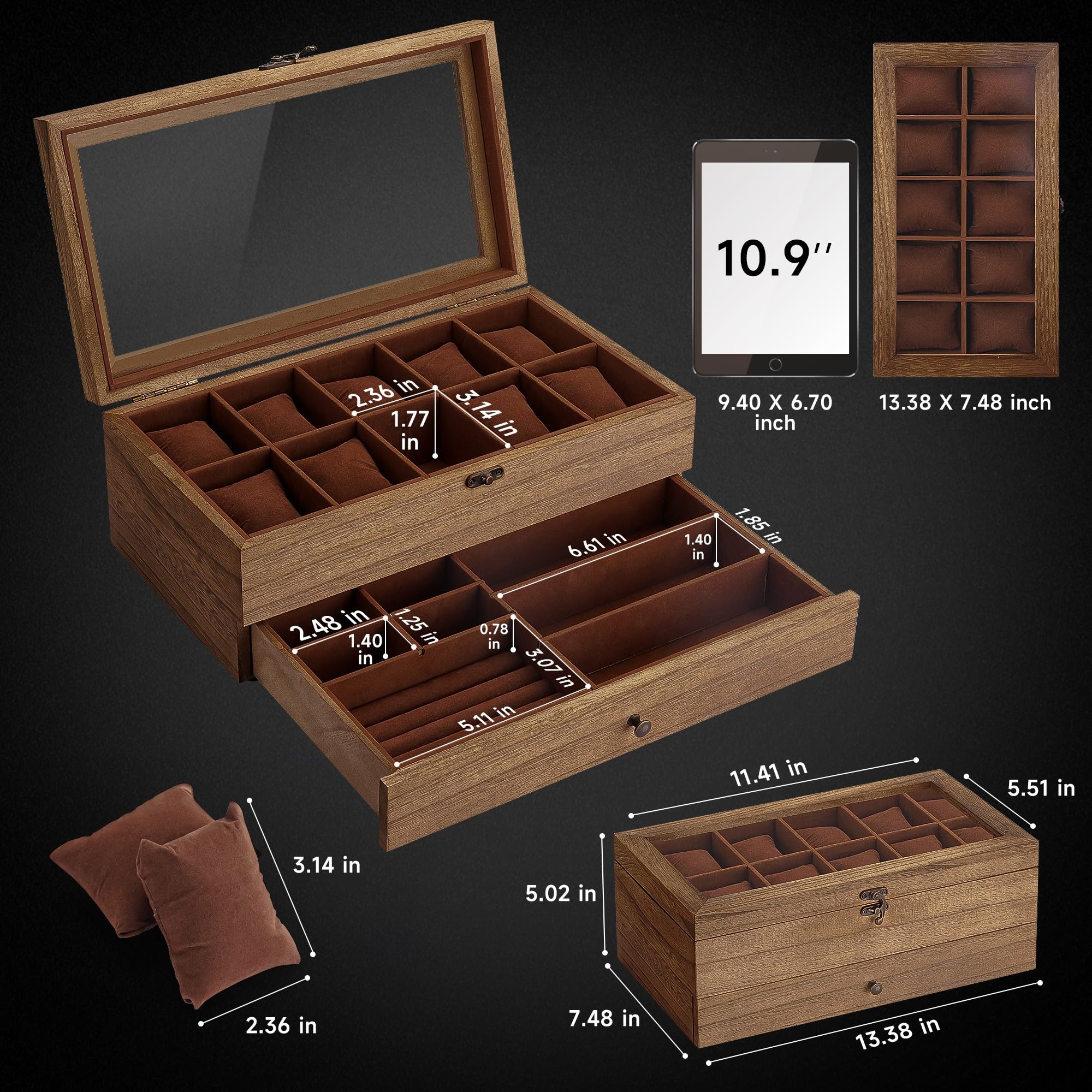 Caja de reloj con 10 ranuras, caja de reloj de 2 niveles para relojes de esfera grande, vitrina de reloj con tapa, almohadas de reloj extraíbles, regalos para hombres y mujeres, organizador