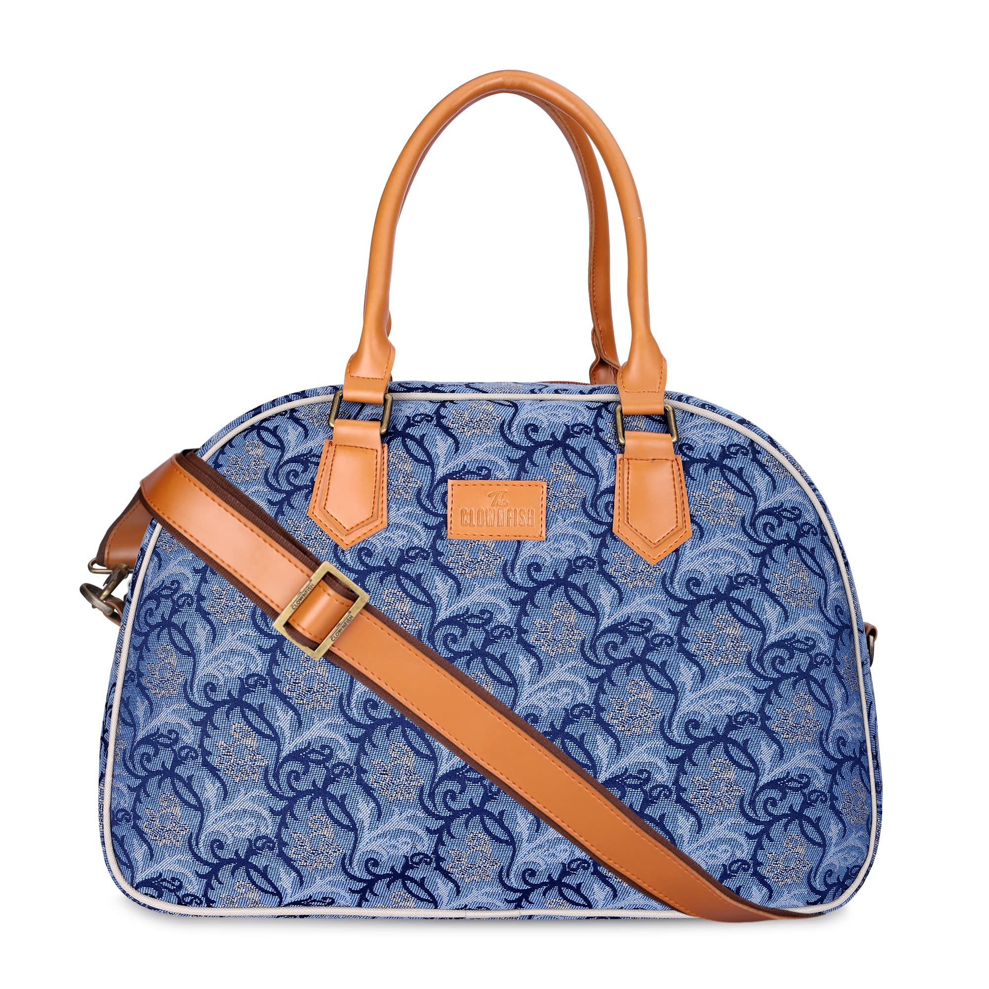 Ziana Series 24 litres Tapestry & Faux Leather Unisex Travel Duffle Bag Luggage Weekender Bag (Blue-Floral)-image-13
