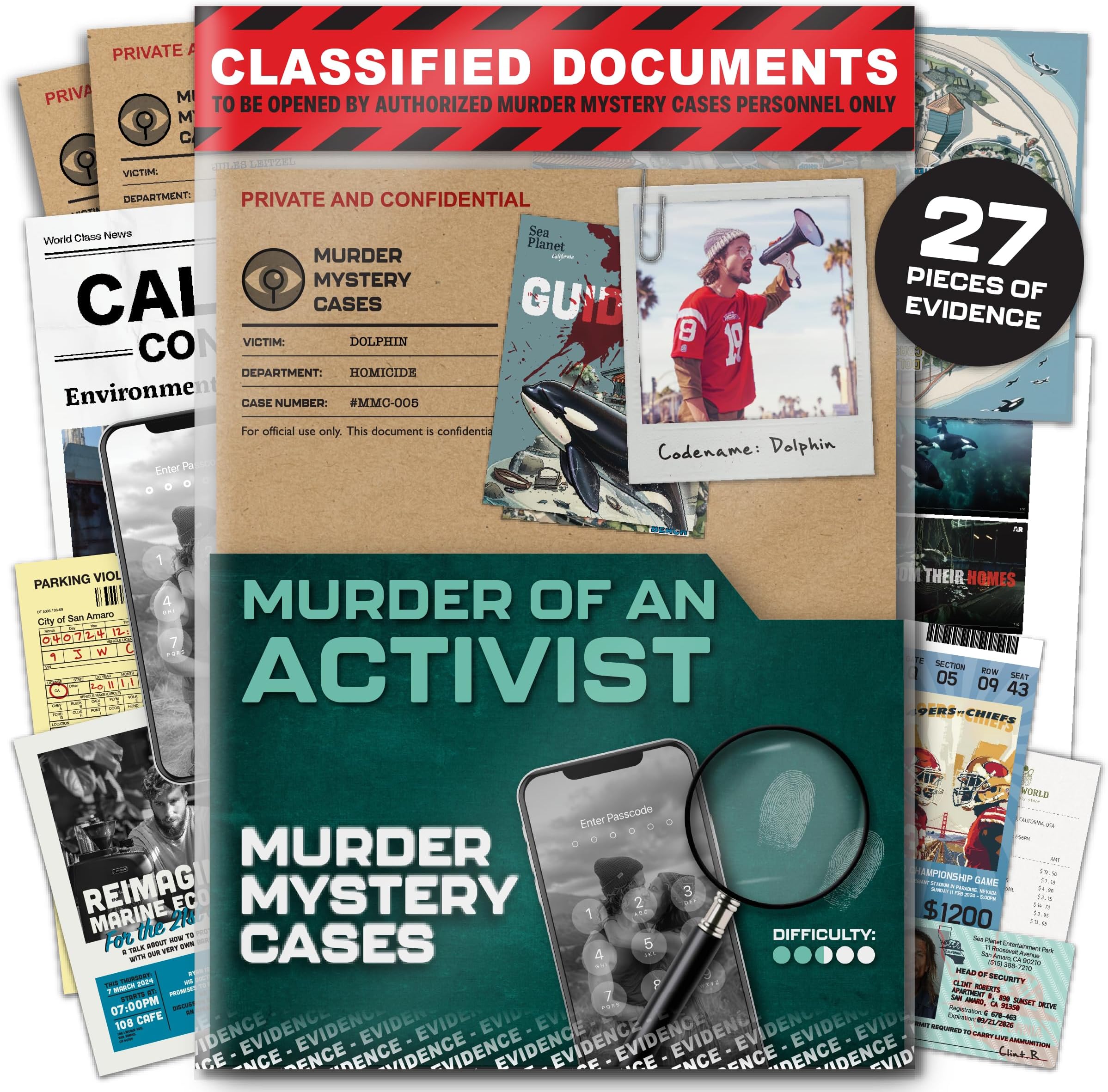 MMC Death of an Activist – Thrilling Murder Mystery Games for Adults at Sea Planet in California – 27 Evidence Pieces, 150 Min Gameplay (2.5/5 Difficulty) – Cold Case Files Game for 1-10 Players