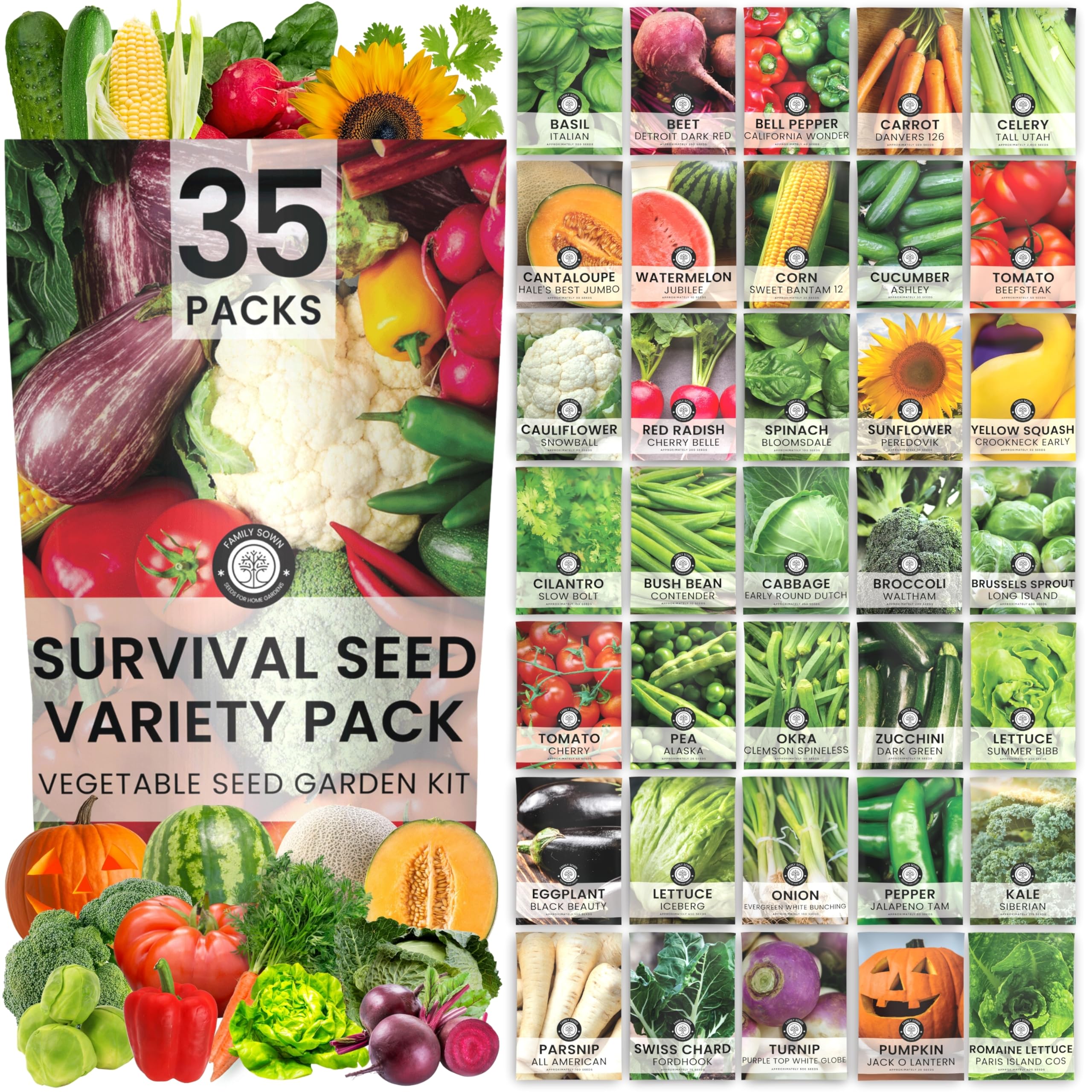 35 Vegetable Seed Packets | Survival Variety Pack | 2026 Season | Individually Packed Vegetables, Herbs and Fruits | Emergency Seed Vault for Doomsday Prepping | by Family Sown