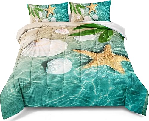 BDUCOK Juego de edredón de playa tamaño individual, ropa de cama costera de playa con estrellas de mar para niños y niñas, decoración de dormitorio
