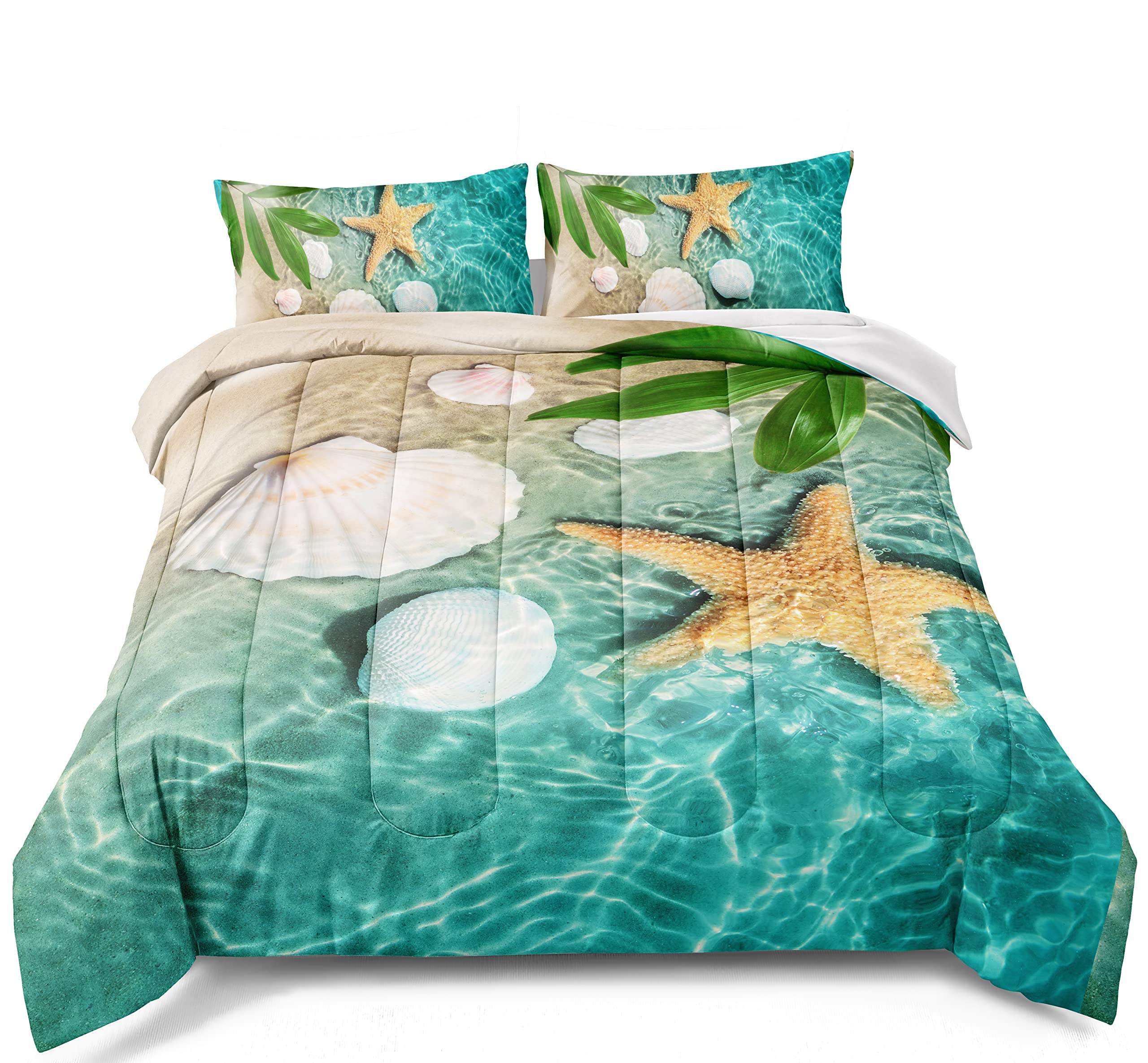 BDUCOK Ocean Comforter Set Beach Bedding Twin Size Starfish Beach Coastal Bedding for Boys Girls Blue Bedroom Decor Ocean Themed All Season Comforter