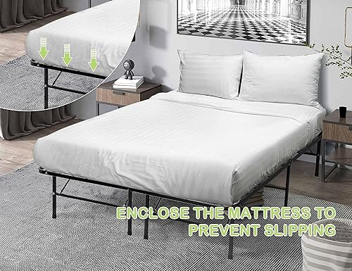 Miniatura 4 de Marco de cama plegable de 14 pulgadas de alto tamaño matrimonial con listones de acero resistente, marcos de cama resistentes y duraderos sin ruido,