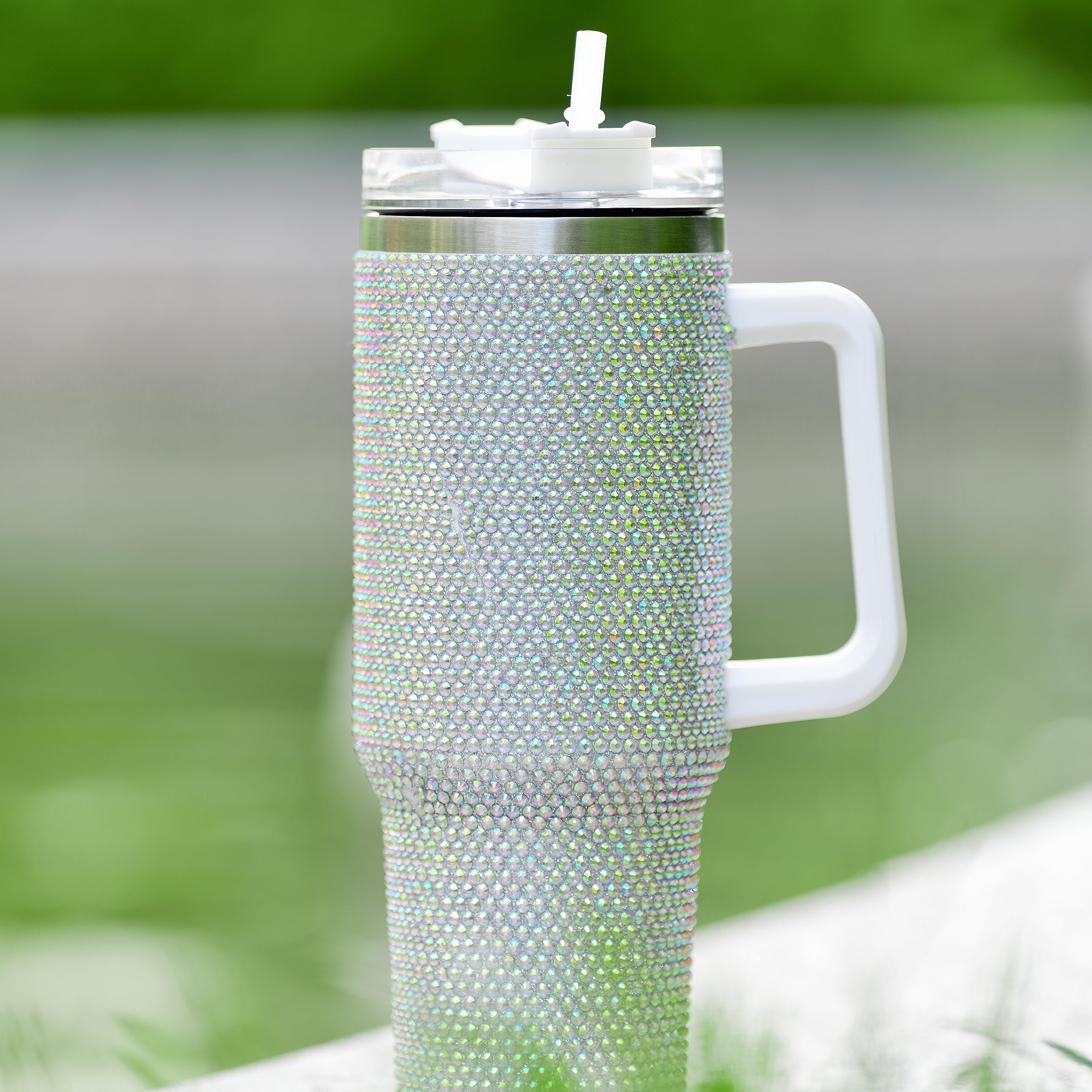 Glitzernder Becher mit Griff, Strasssteine, Becher mit Deckel und Strohhalm, isoliert, Edelstahl, doppelwandig, Wasserbecher, Reisebecher für Damen, 1,2 l, glänzend, 1,2 l
