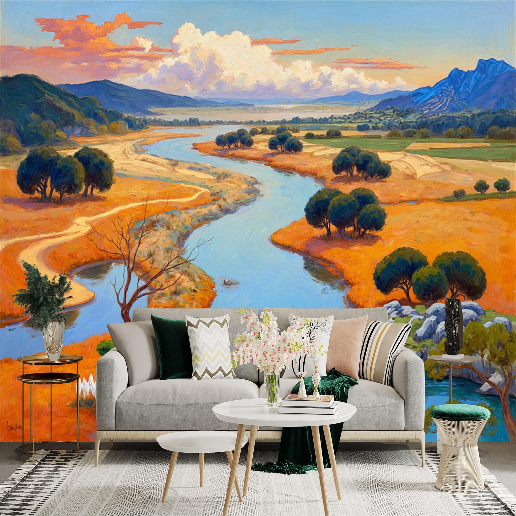 Lnzczhyre Xc260505805 Custom Size Wall Sticker Mural， Scenic River Landscape， Golden Autumn Fields， Rolling Mountains， Peaceful Nature Scenery， For Wall Decoration， Peelandstick Wall Decals.