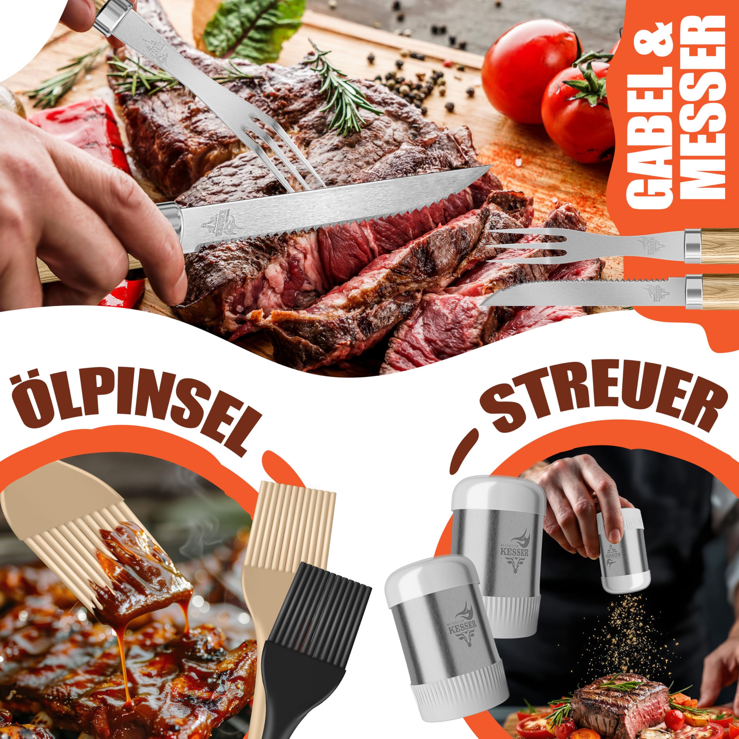 KESSER® Grillbesteck Set 37-teilig Grillzubehör aus rostfreiem Edelstahl Grillset mit Grillzange, Grillwender, 4in1 Grillspatel, Grillgabel, Grill-Spieß, Thermometer, Korkenzieher, Grillmatte & Tasche