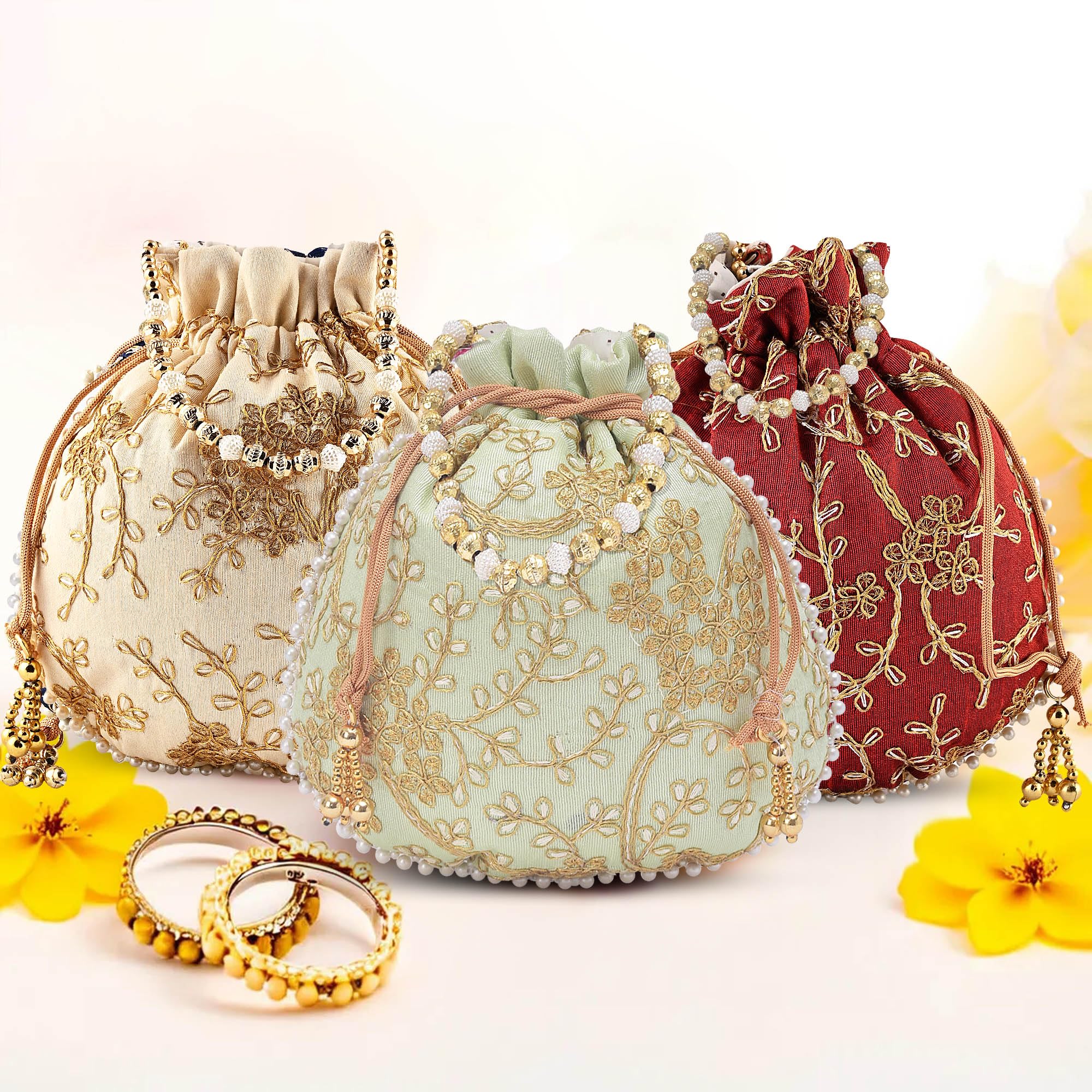 Kuber Industries Pack of 3 Potli Bags for Ladies & Girls | Shagun Pouches for Festive Seasons | Embroidery Bridal Purse -Cream, Maroon & Green