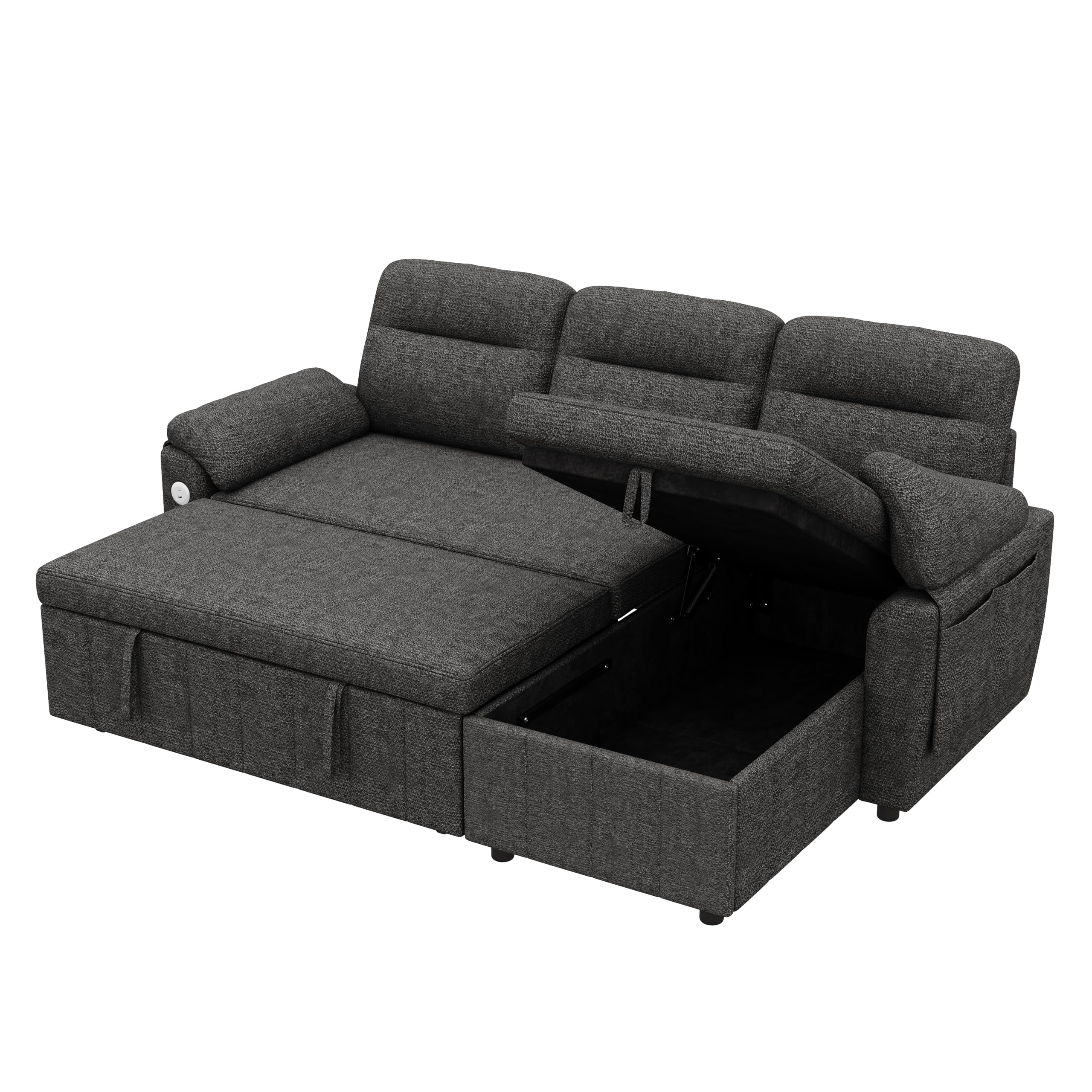 Sofá modular de 3 plazas con función cama extensible y USB/Type-C, sofá esquinero en forma de L con reposacabezas semifijos y compartimento de almacenamiento, sofás con chaise longue