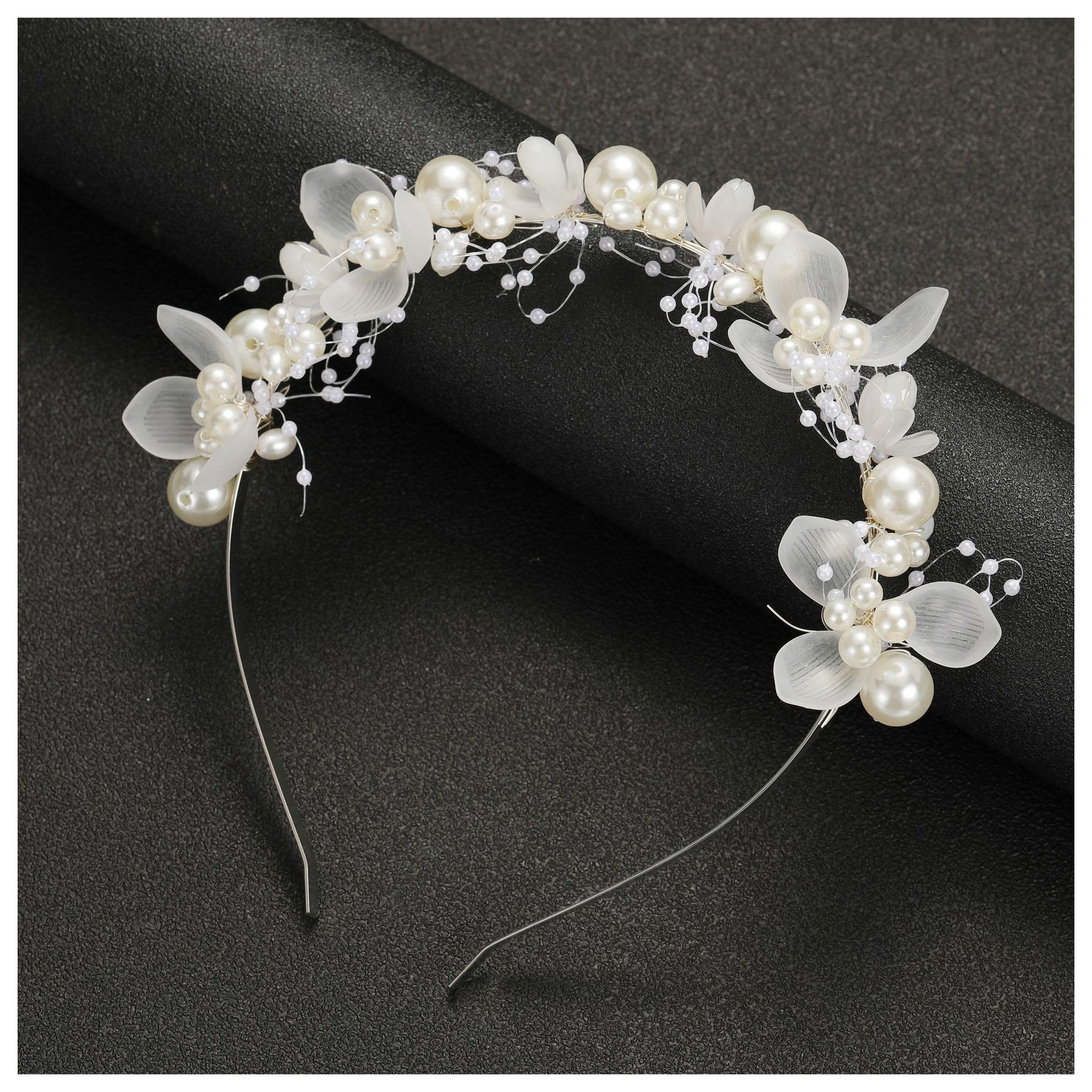 LOHGOU Flower Headband for Women Girls, Wedding Bridal Pearl Headpiece Hairband Hair Accessories for Prom Birthday Party (Silver, One Size)