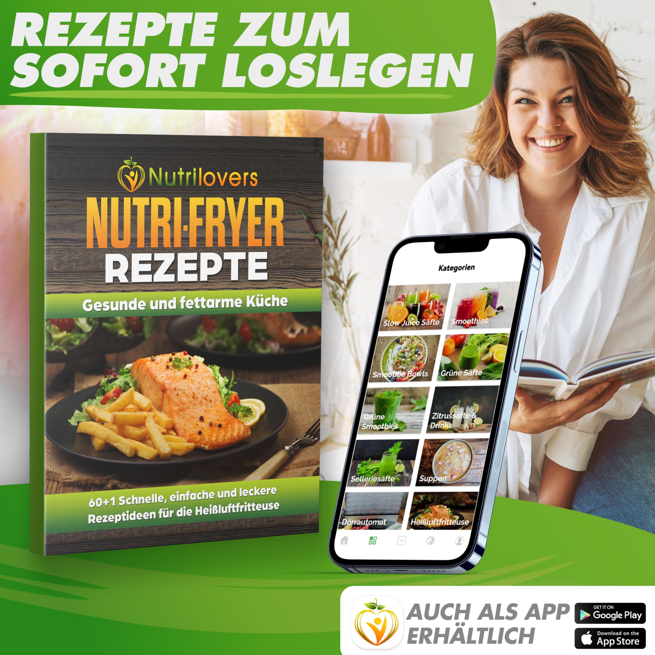Nutrilovers Heißluftfritteuse NUTRI-FRYER EDELSTAHL XXL 8L, 2000W, Airfryer Edelstahl mit LED Touch Display, Double Heating Technologie, Sichtfenster, fettarme Pommes Fritteuse ohne Öl inkl. Rezepte