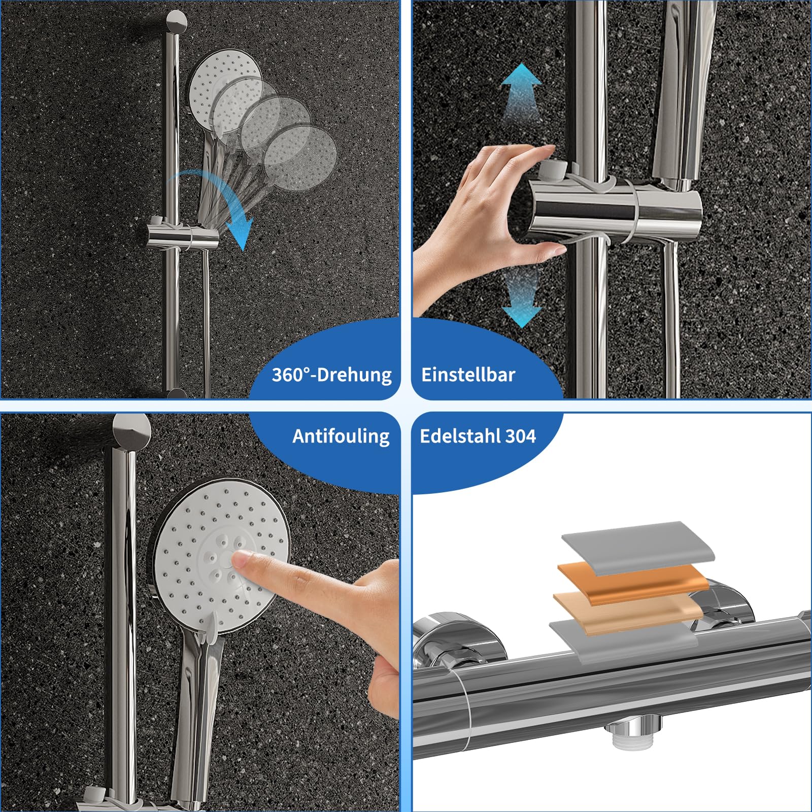 Duscharmatur mit Thermostat Set, Duschthermostat Mischbatterie Wandmontage mit Brausegarnitur | Handbrause | Thermostat Dusche Set mit 38 °C Sicherheitstaste