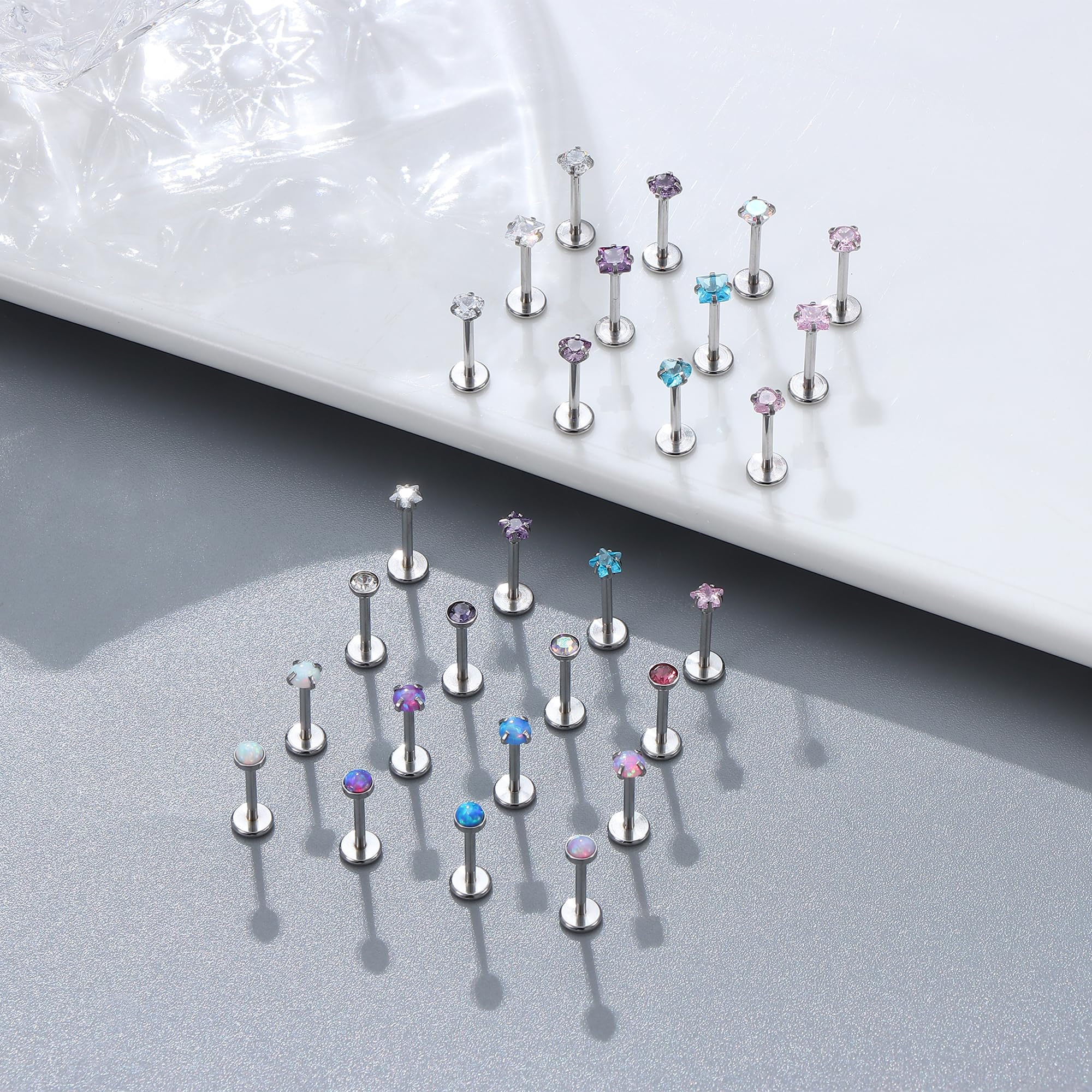 ZXLIHS 28 szt. Bezgwintowe kolczyki w nosie zestaw sztyftów stal chirurgiczna warga nozdrze Labret Medusa Piercing biżuteria Push in Tragus muszla Helix płaskie kolczyki z łu dla kobiet mężczyzn 16G