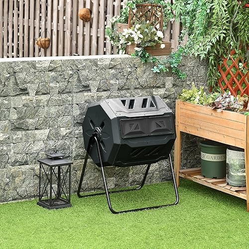 Miniatura 7 de Hourleey Contenedor de compostaje al aire libre, 43 galones de doble cámara con puertas correderas, contenedor giratorio de compostaje para jardín,