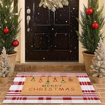 Christmas Door Mat Combo Set - 100% Coco Coir Welcome Mat + 28 x 43 Inch Red and White Diagonal Plaid Rug, Holiday New Year Christmas Collection Decorative Doormat for Front Porch Entryway Decor