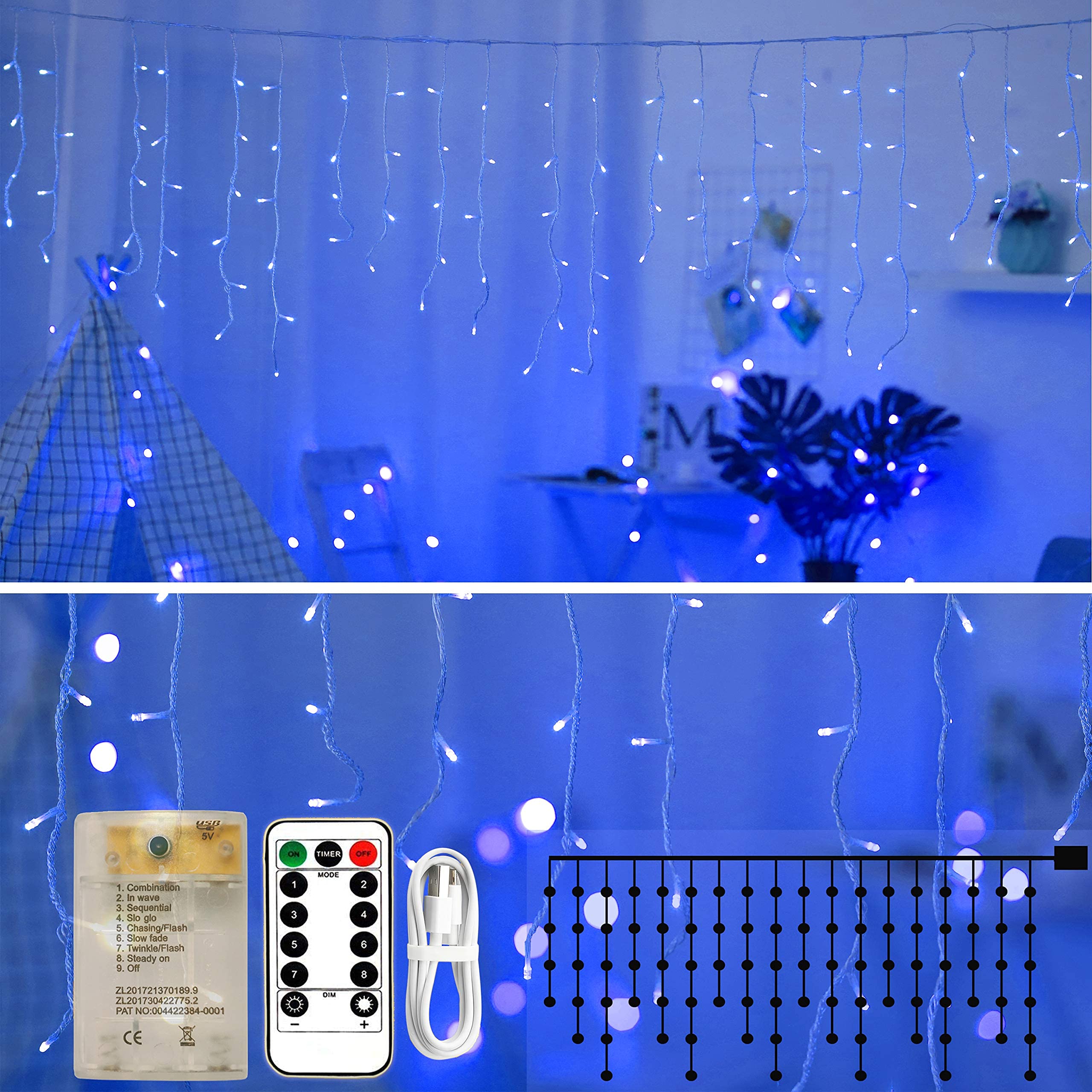 Lxhaung Icicle Lights 90 LED 10 ft Short Curtain Lights with 8 Modes Remote Control,Powerd by USB & Battery - Waterproof Fairy String Lights for
