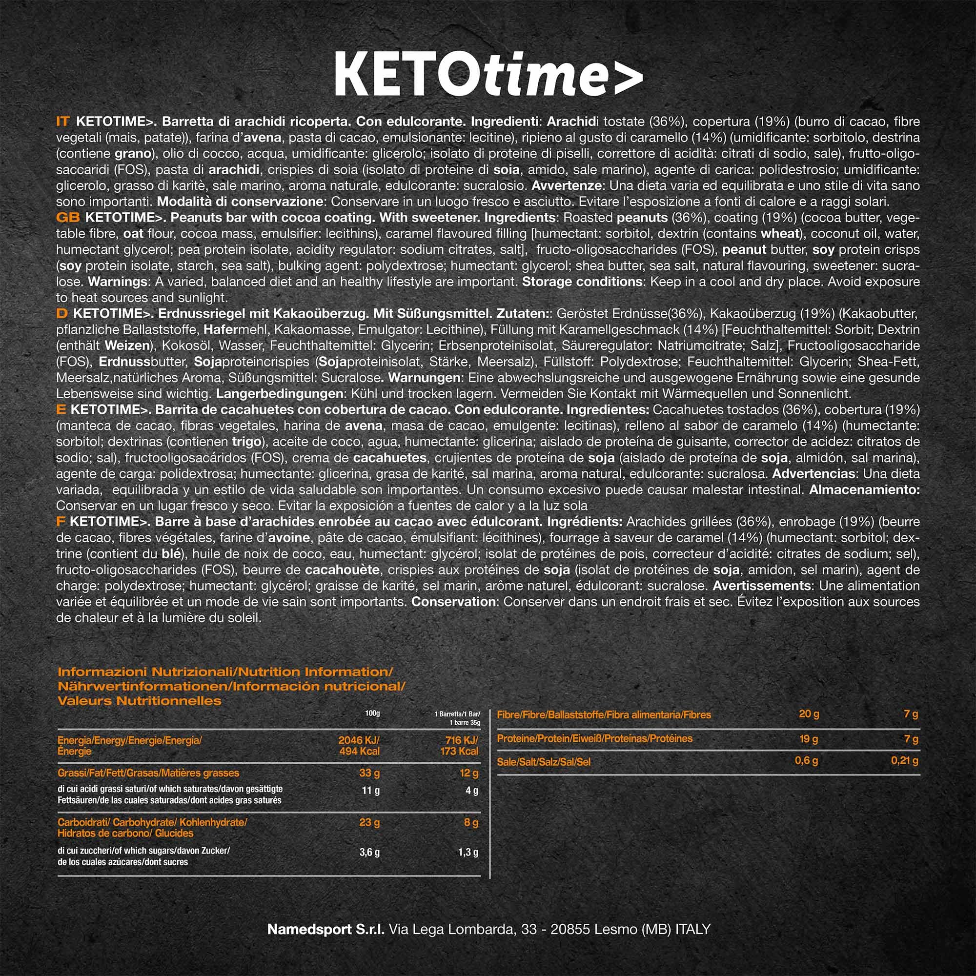 NAMEDSPORT> KETOTIME> deliziosa Barretta Keto a ridotto apporto di zuccheri, ricoperta di cioccolato e con vere arachidi tostate, Perfetta come Spuntino, Confezione da 15 barrette.