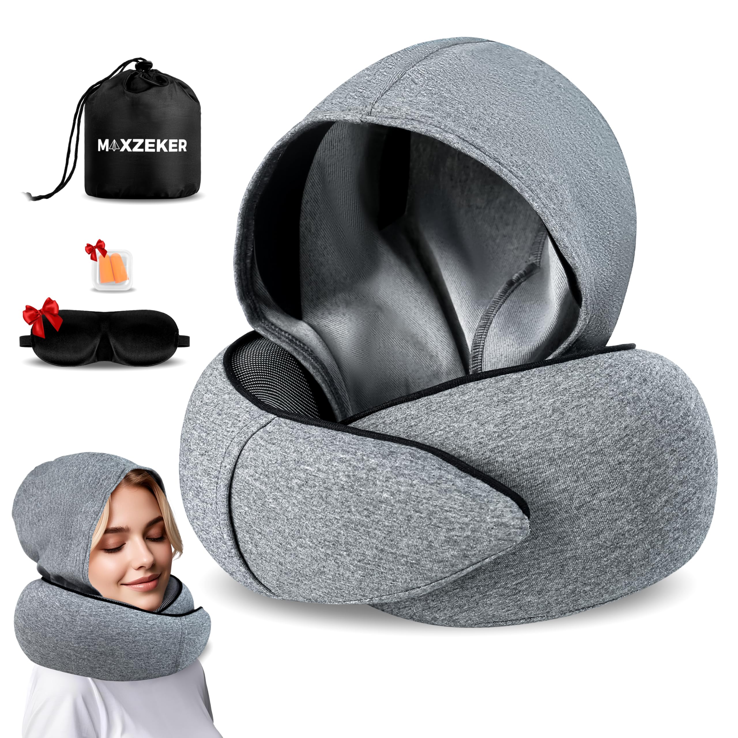 Maxzeker Airplane Pillow For Long Flight - Memory Foam Travel Pillow. Washable, Comfortable Breathable Cover. Carry Bag.Travel Neck Pillows For Airplanes, Best For Fong Flights, Home Use And Car Rides