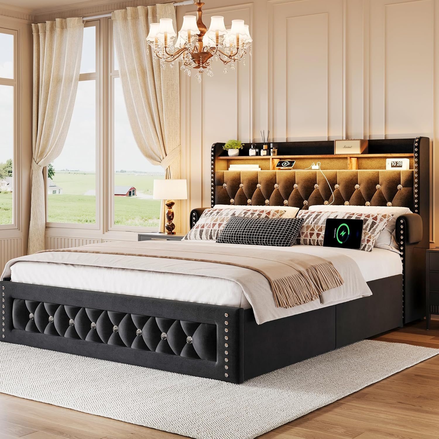 Ailisite Queen Size Bed Frame with 4 Storage Drawers,Velvet Upholstered Queen Platform Bed with Charging Station and Storage Headboard, Led Queen Bed Frame, Crystal Deco, No Box Spring Needed,Black