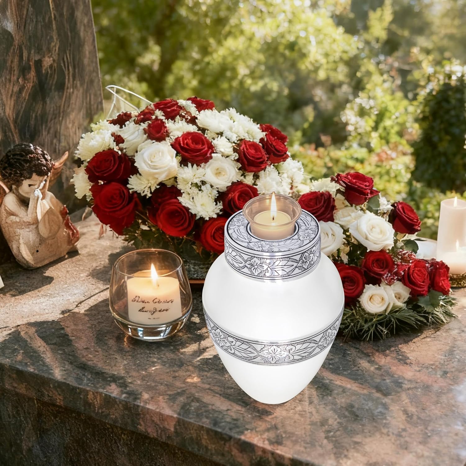 Urns for Human Ashes Adult Female/Men, Cremation Urns for Human Ashes, Funeral Urn, Memorial Metal Engraved Urn, Large White Candlestick