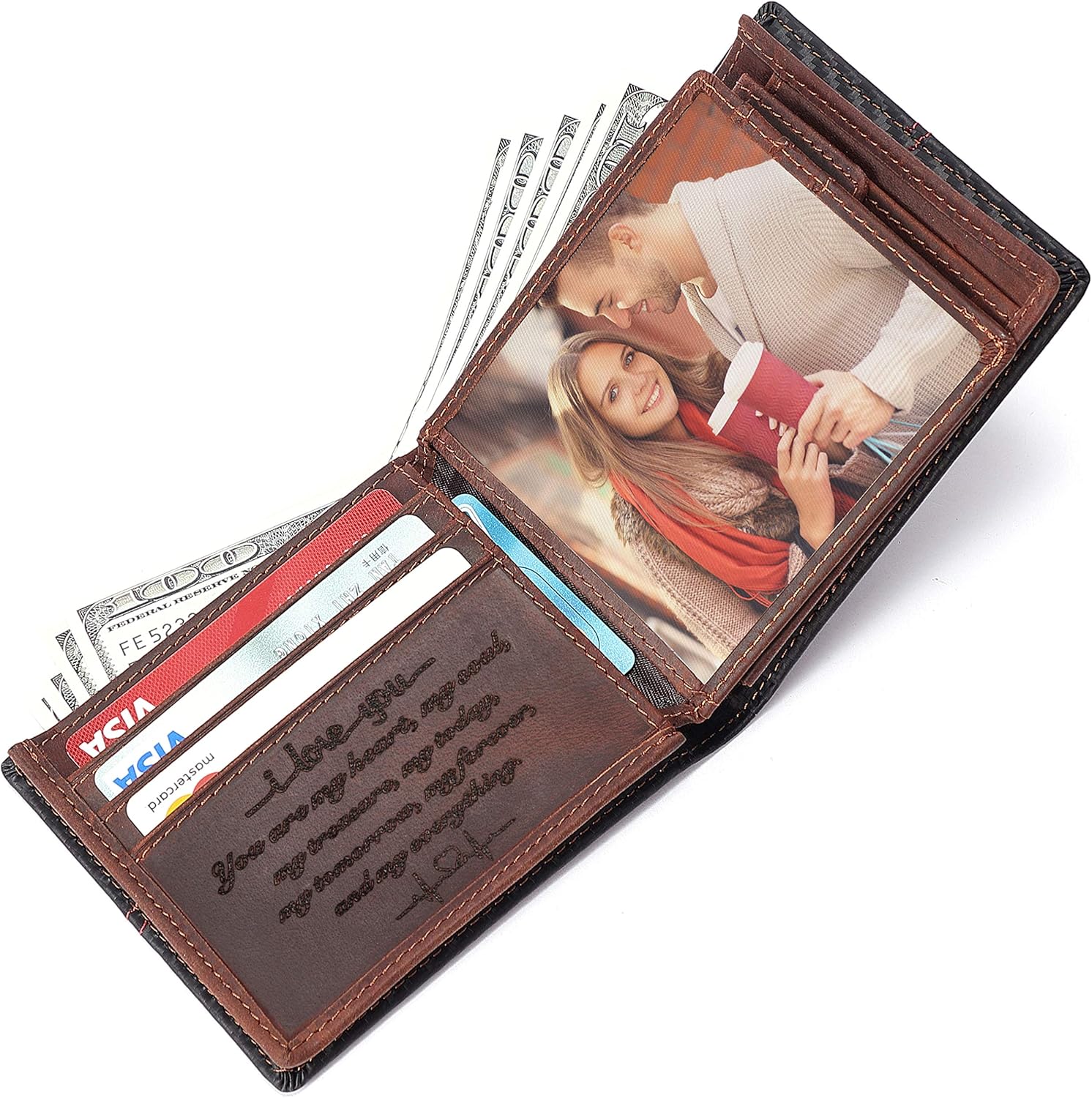 Personalized leather RFID wallet with engraving