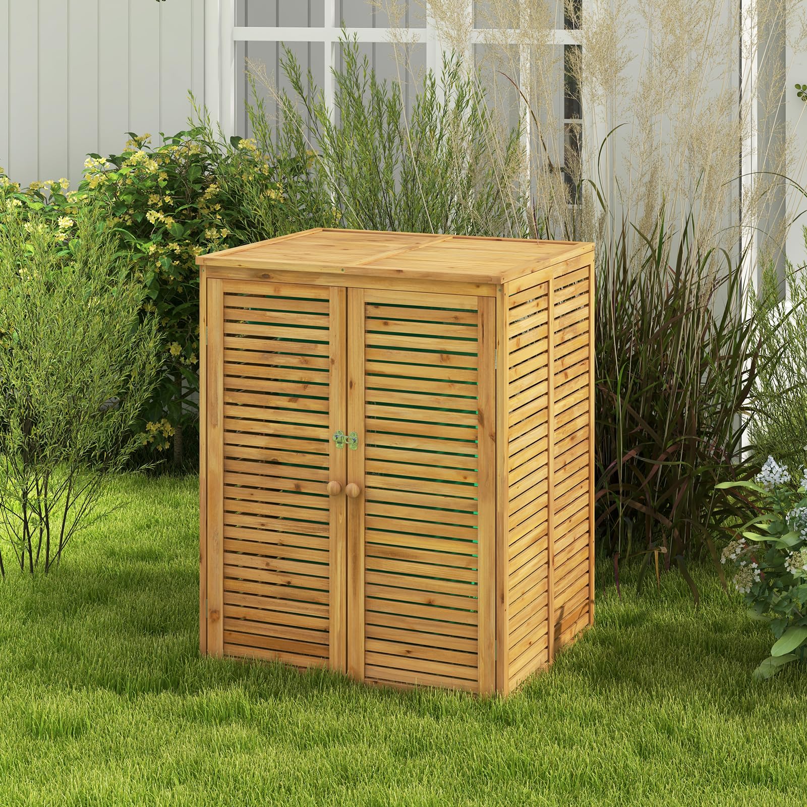 COSTWAY Cobertizo de Basura de Madera de 120 L, Caseta de Madera para Contenedor de Desechos para Exteriores con Tapa Abatible, Puertas Dobles, Pestillo de Seguridad, Contenedor de Basura para Jardín