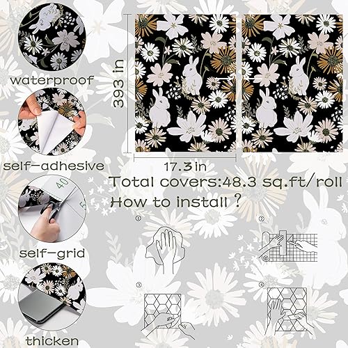 Miniatura 4 de OSECAGE Papel tapiz autoadhesivo para despegar y pegar, papel tapiz bohemio de conejo de 17.3 x 393 pulgadas, papel de contacto con flores vintage,