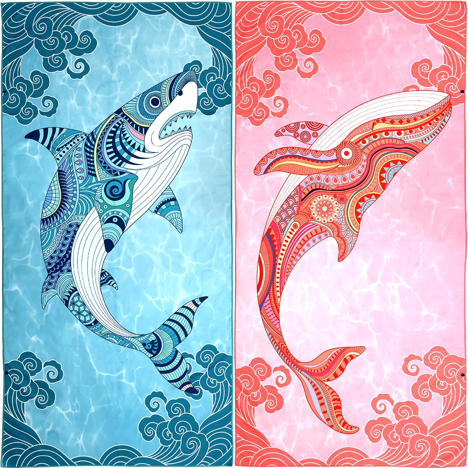 Microfiber Beach Towel, 2 Pack Ocean Animals 35x71 Lightweight Sand Free Quick Dry Microfiber Travel Pool Camping Bath Towel Gift for Adults Men Women Family