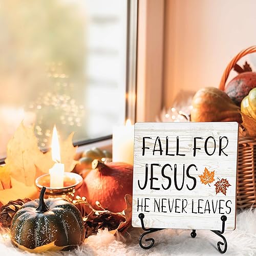 Miniatura 3 de Decoraciones de otoño para decoración del hogar, letrero de mesa de calabazas de otoño con texto en inglés "Fall For Jesus He Never Leaves",