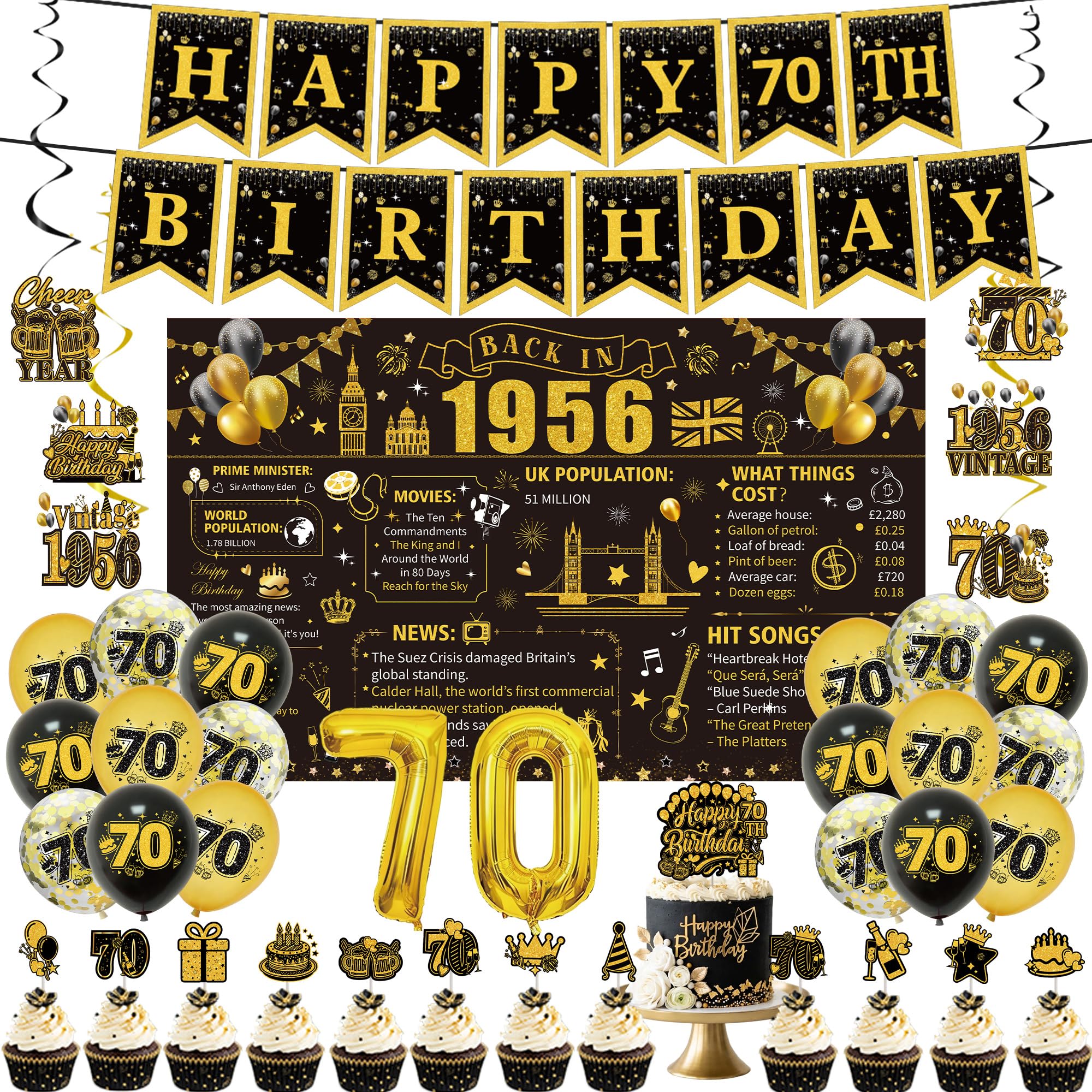 PURCAFT 43pcs Black Gold 70th Birthday Decorations Include Happy Birthday Banners Back in 1956 Backdrop Sach Hanging Swirls Balloons Cake Cupcake Toppers for 70th Birthday Party Supplies Men Women