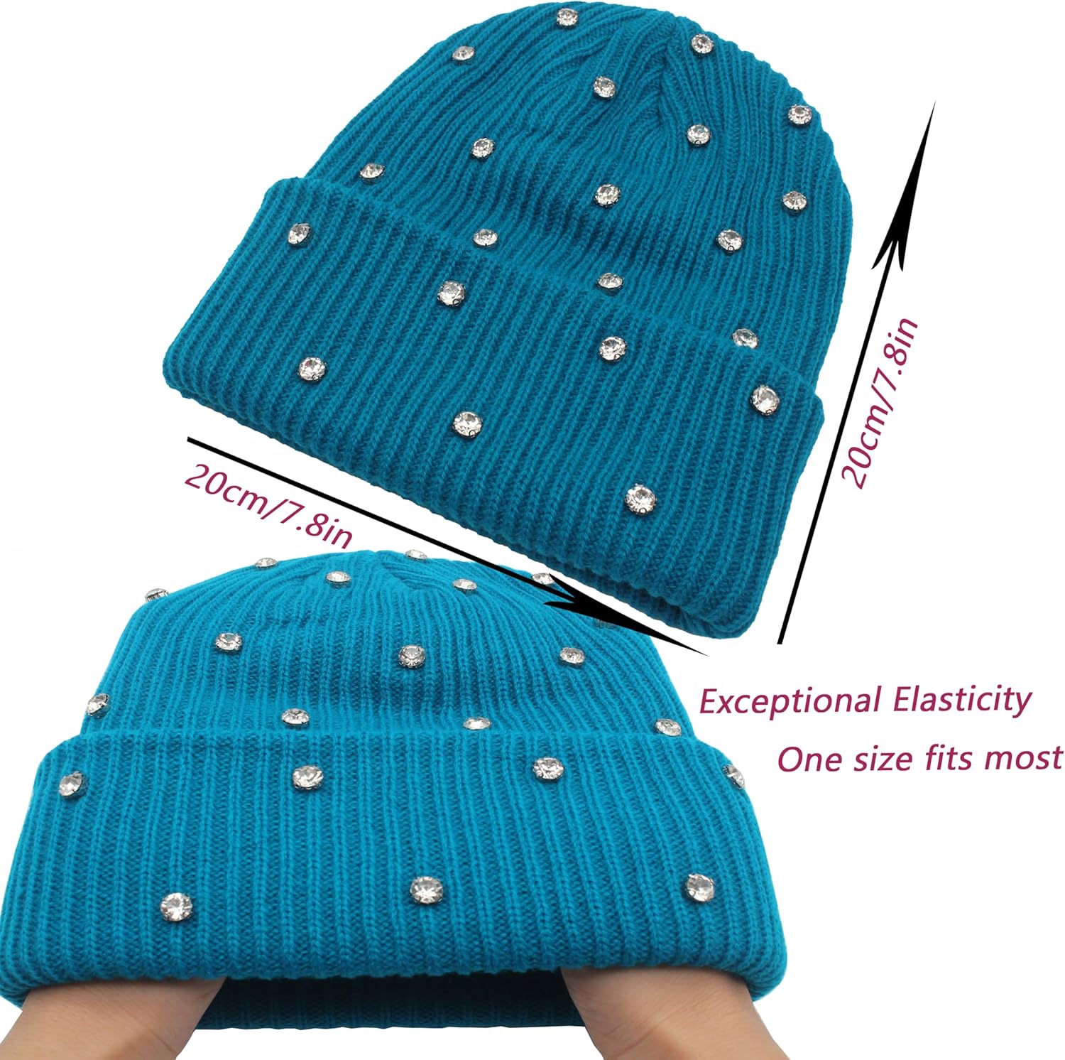 Women's Knit Beanie Hat Soft Slouchy Warm Cuffed Beanie Hat with Rhinestones Winter Hats for Women Skull Cap - Image 4