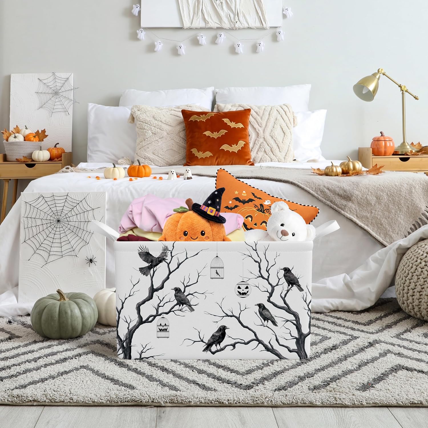 Grey Tree Crows Basket Foldable Halloween Storage Bin with Handles | Halloween Gifts Container Organizer Box for Home Living Room Bedroom Closet