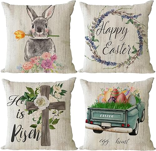 YeeJu Juego de 4 fundas de almohada de Pascua de 20 x 20 pulgadas fundas de almohada de primavera y Pascua diseño de conejo búsqueda de huevos