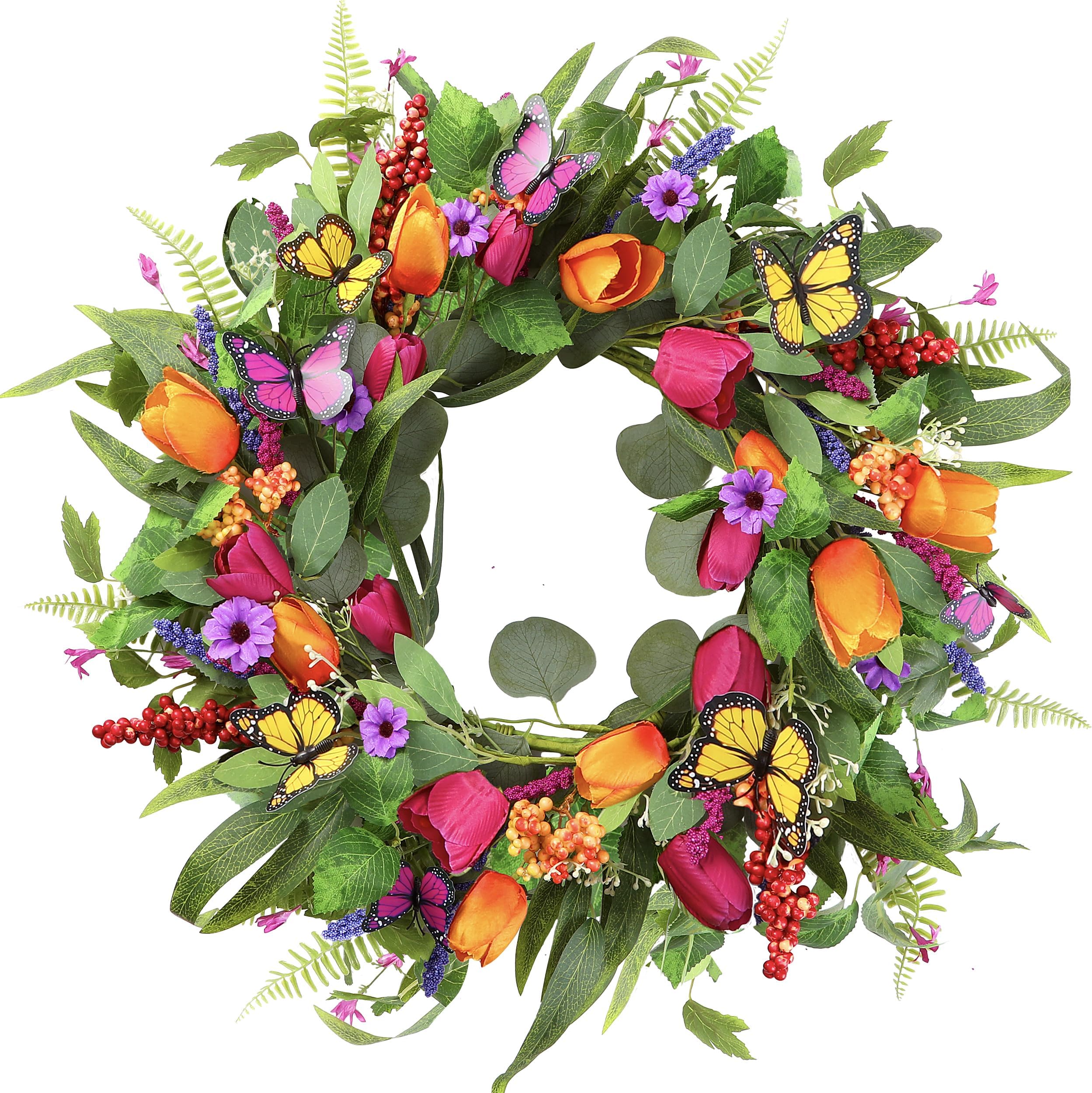 Sggvecsy Spring Summer Wreath for Front Door 22 Inch Artificial Tulips Wreath with Eucalyptus Leaves Lavender Ferns Colorful Silk Flowers Butterflies for Home Farmhouse Indoor Outdoor Wall Decor