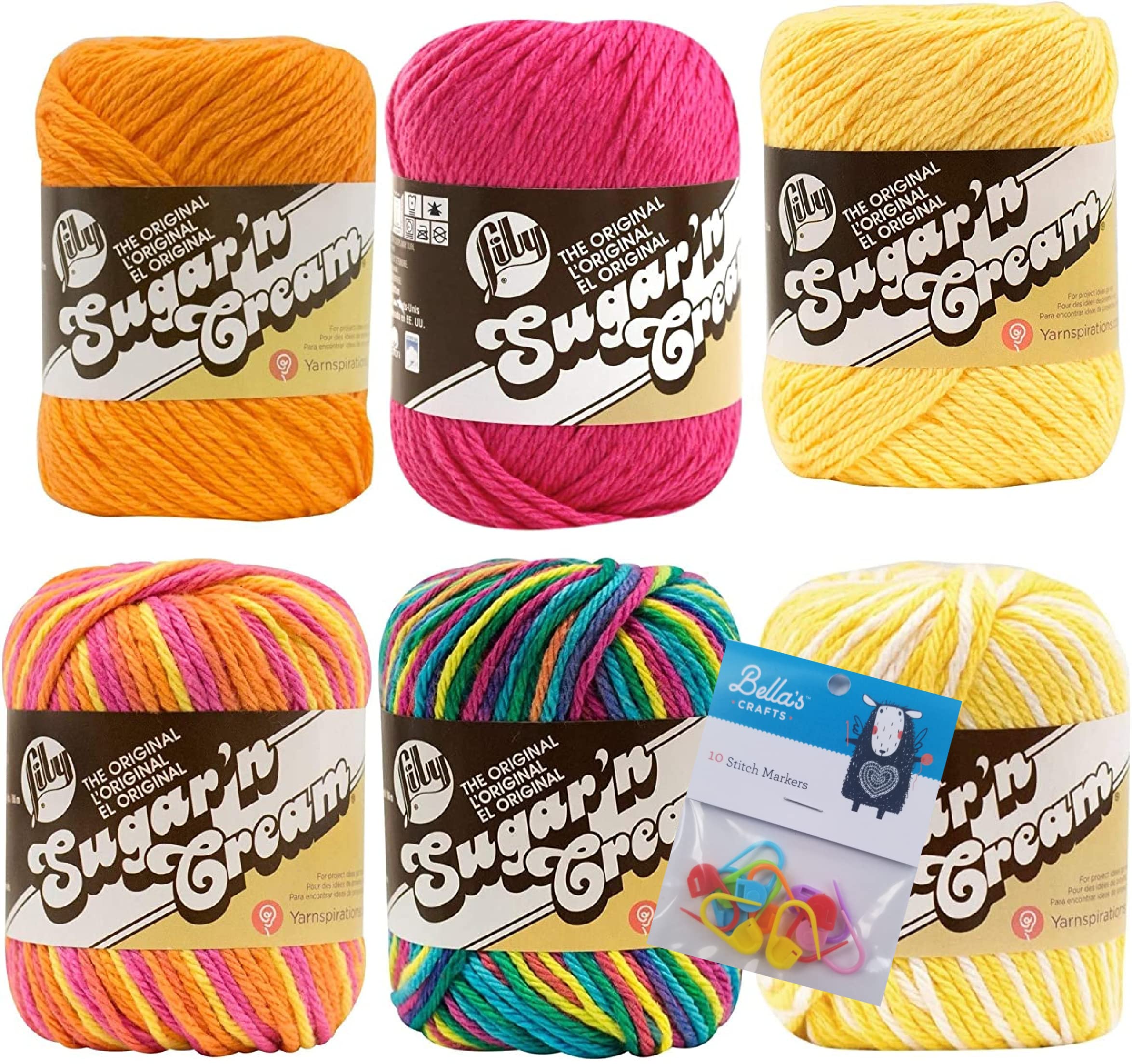 Lily Sugar'n Cream 100% Cotton Yarn 6-Pack Bundle with Bella's Crafts Stitch Markers (Orange, Pink, Yellow Mix)