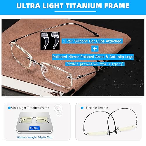 Miniatura 4 de Anteojos de lectura sin montura de titanio, bloqueo de luz azul, ultraligeros sin marco, bisagra de resorte con funda para hombres, 1 par plomizo