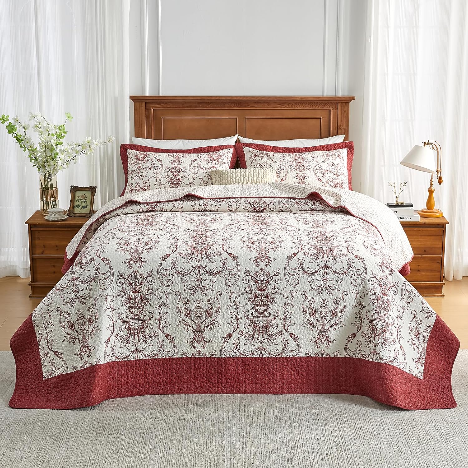 Oversized Queen Bedspread - 120" Lx102 W Extra Wide - 100% Cotton Vintage Floral Lightweight Thin California Quilt Sets - Reversible Super Size Bed Coverlet Set - Red