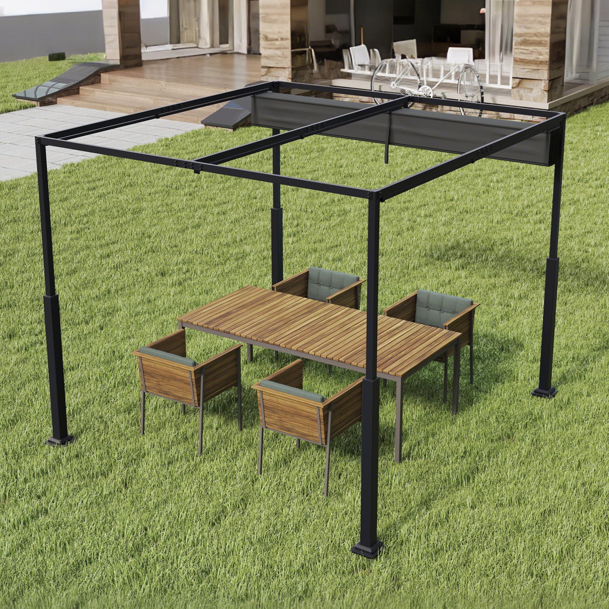 ACXIN Pergola z przesuwnym dachem, zadaszenie tarasu ze stalowej ramy, wodoodporny poliester powlekany PA 160 g, wolnostojący pawilon ogrodowy z regulowaną ochroną przed słońcem (czarna, 3 x 3 m)