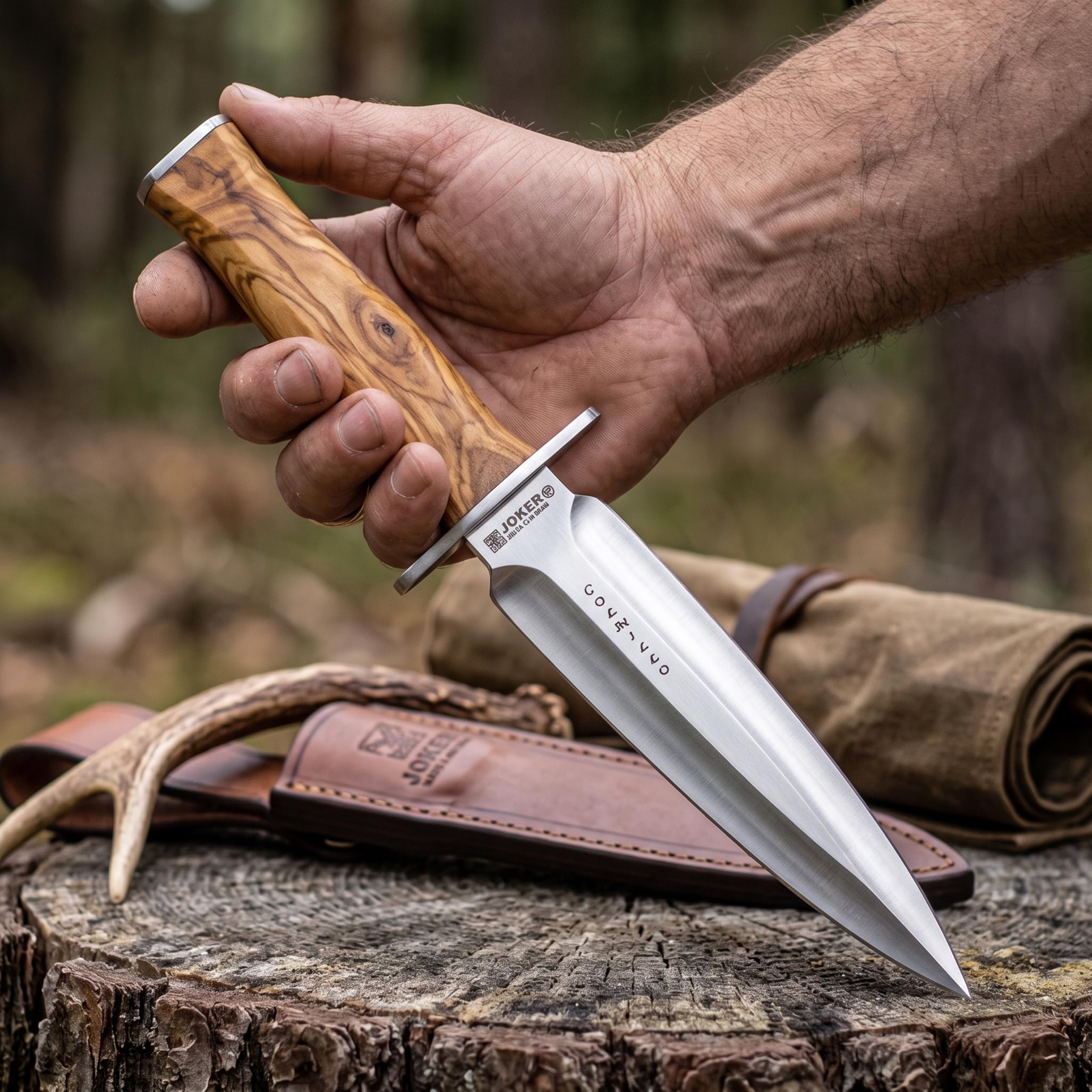 Joker Jagdmesser Colmillo CO108, Klinge 21,5 cm MOVA Stahl, Gürtelmesser mit Olivenholznholzgriff, brauner Lederscheide, Werkzeug zum Angeln, Jagen, Camping und Wandern