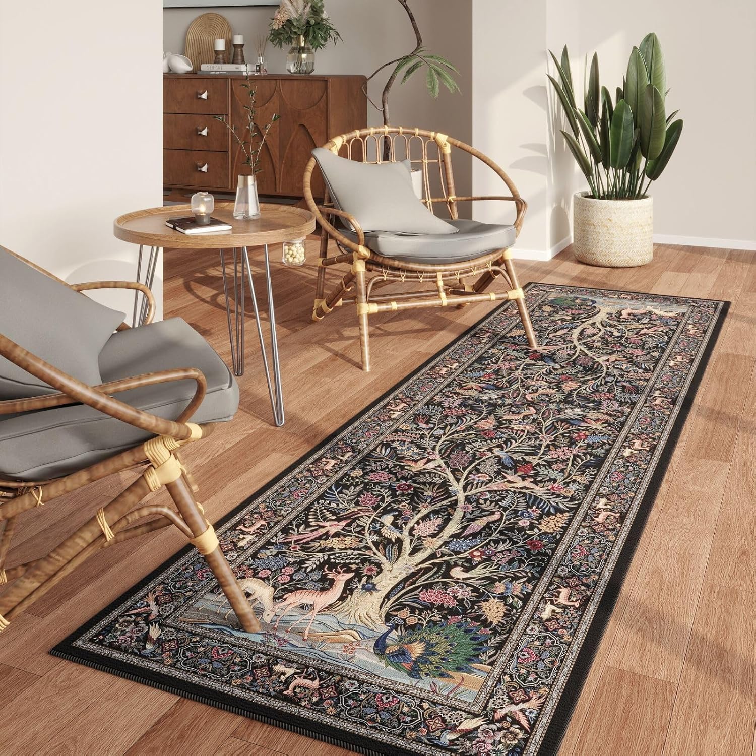 Rugcomf Runner Rug Vibrant Tree of Life-Patterned Vintage Kitchen Rugs Non Slip Washable Soft Carpet Runner for Laundry Bedroom Bathroom, Black