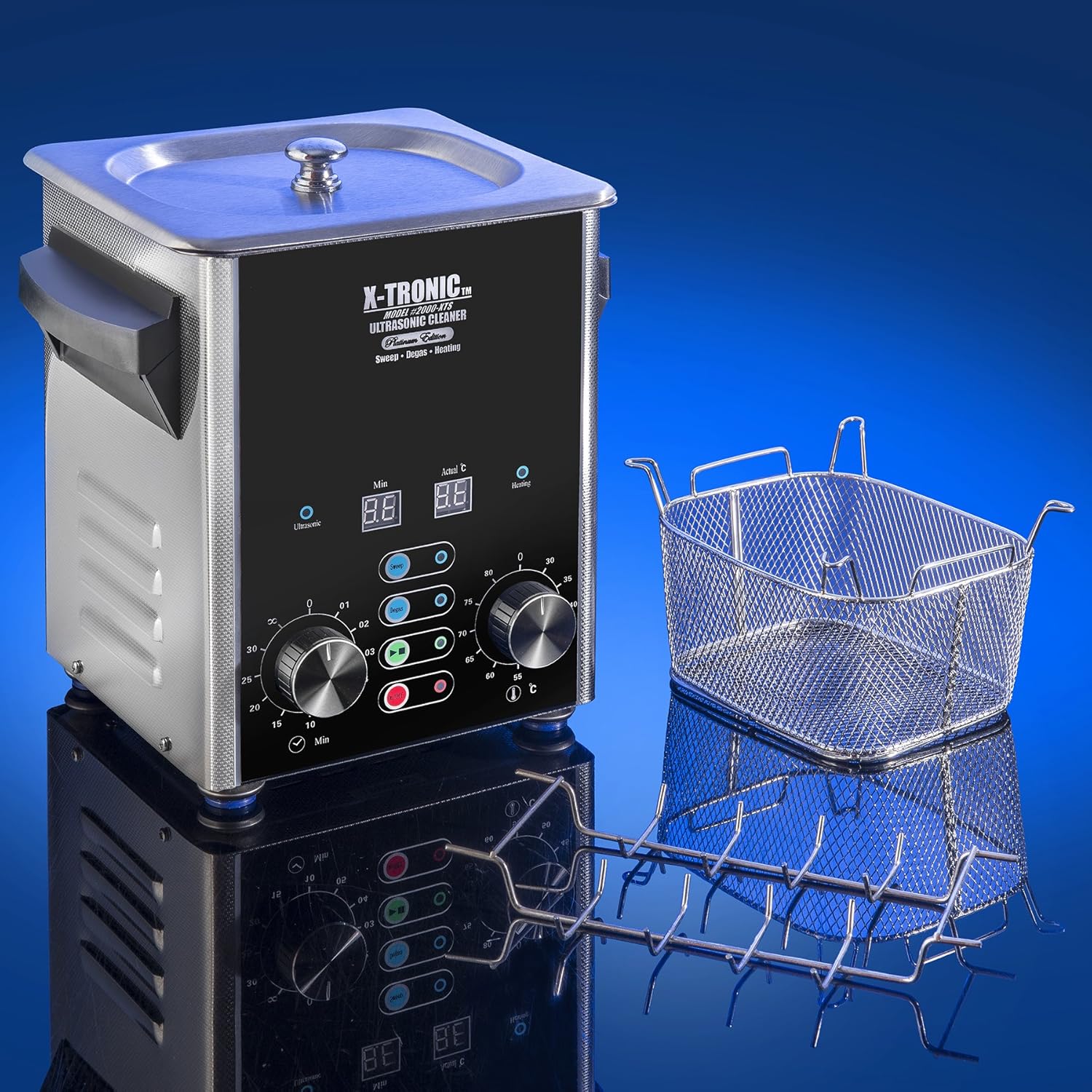 X-Tronic Model #2000-XTS 2.0 Liter Square Format "Platinum Edition" Commercial Ultrasonic Cleaner with Time/Temp LED Displays, Sweep & Degas Controls, S/S Cleaning Basket & Wire Rack Holder