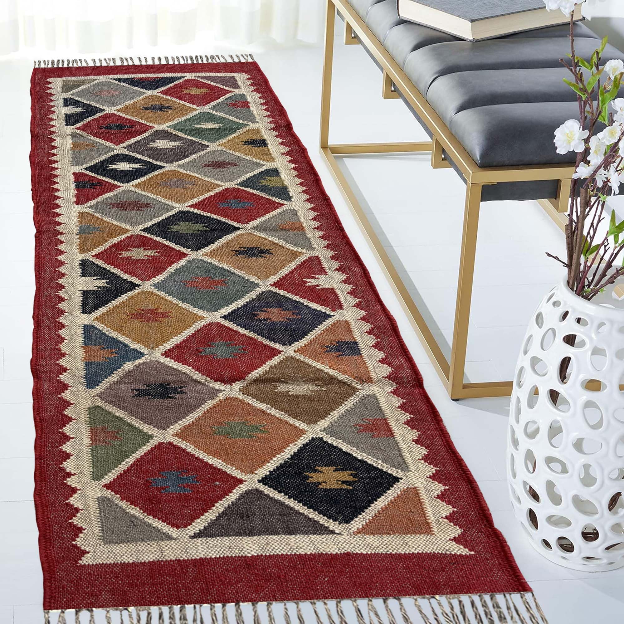 Flatweave Indian Wool Jute Reversible Floor Runner Wool Jute Rug Traditional Handwoven 2x6 Living Room Runner Meditation Carpet Dari Mediation Yoga Dhurrie Rug Long Kitchen Runner 2X6 Ff-image-2