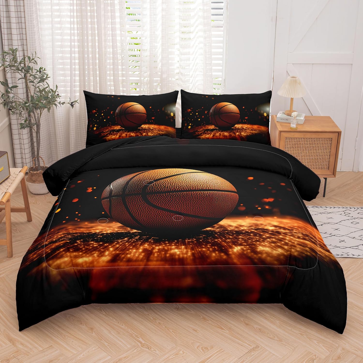 Helloosun 5PCS Basketball Bedding Full,Boys Sports Comforter Set,Full Basketball Comforter for Boys,Red and Black Court Bed Set image 2